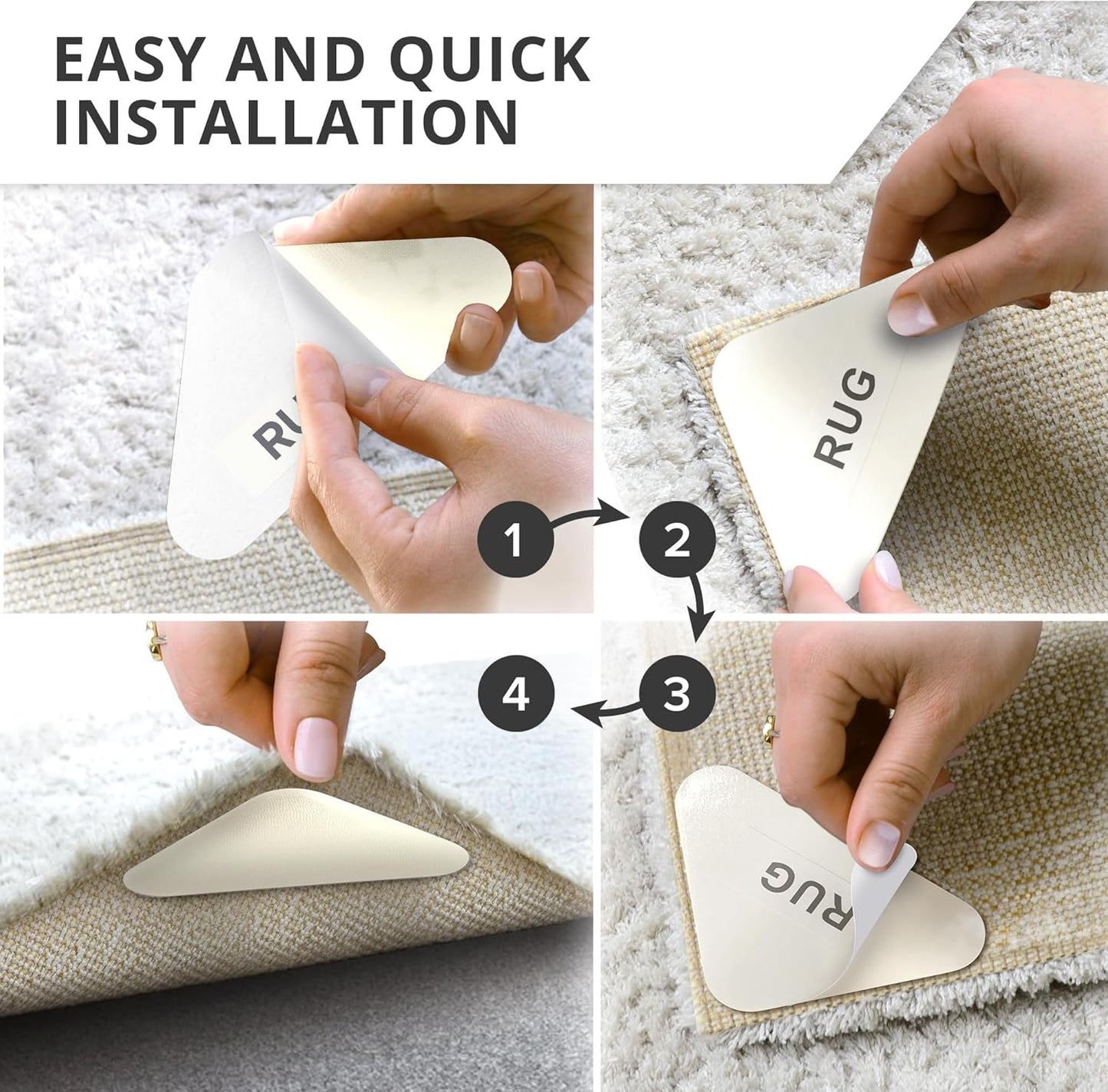 X-Protector Rug Tape for Carpet - 8 Pcs Set - White Anti-Slip & Anti-Curling Carpet Tape for Rugs - Premium Rug Pad Gripper - Ideal Carpet Corner Grippers to Keep Your Rugs & Make Corners Flat