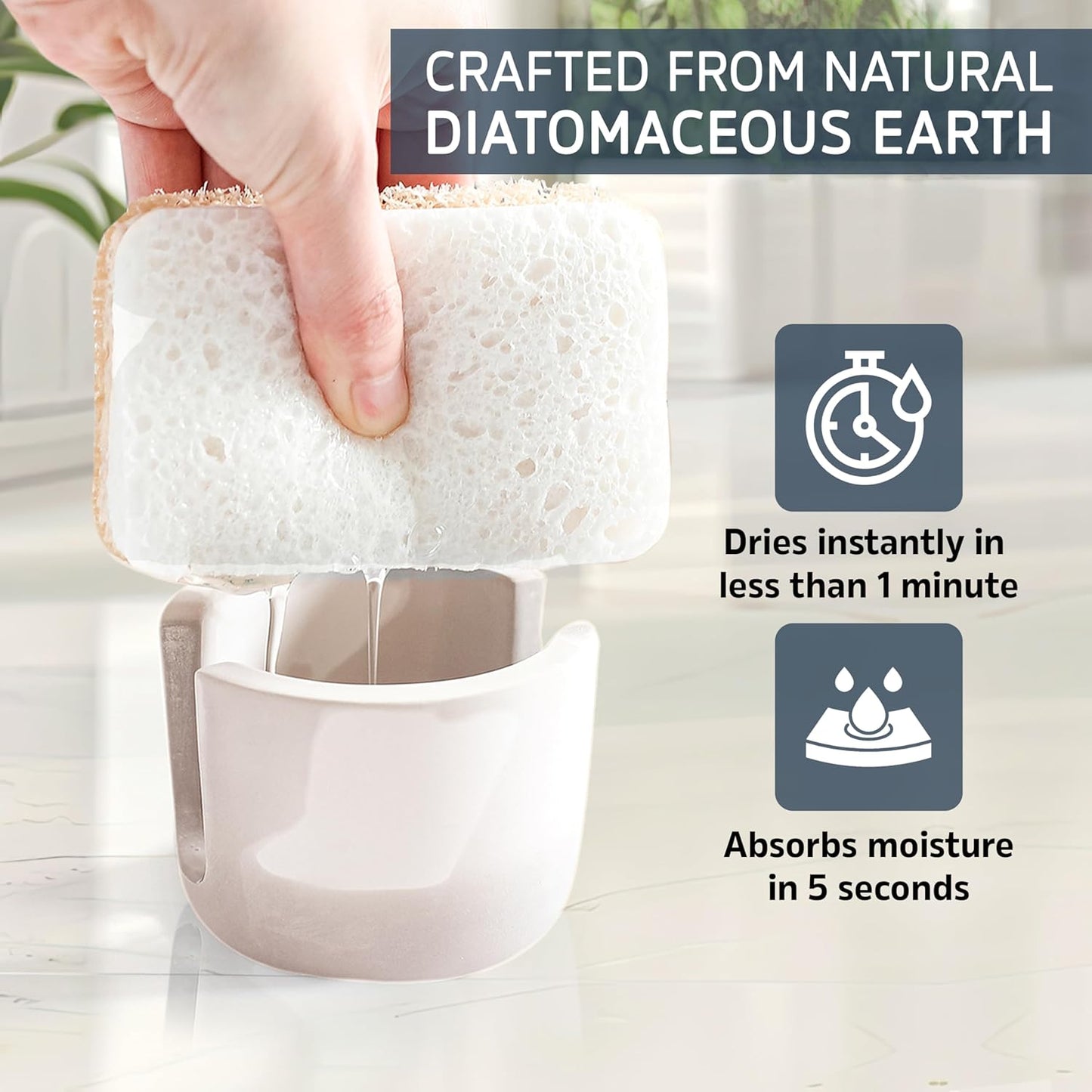 MOPHONICHOME Sponge Holder, Stone Sponge Holder for Kitchen Sink - Diatomite Kitchen Sink Caddy, Quick Dry, Super Absorbent, Modern Design, Cream
