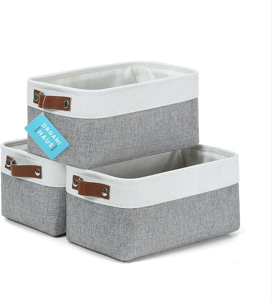 OrganiHaus Small Fabric Storage Bins for Shelves 3 Pack, 12x8in Closet Storage Bins for Shelves, Cloth Baskets for Organizing, Linen Closet Organizers, Fabric Basket, Shelf Organizer Bins Gray/White