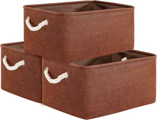 TheWarmHome Decorative Basket Rectangular Fabric Storage Bin Organizer Basket with Handles for Clothes Storage (Brown,Large-3Pack,15.7L*11.8W*8.3H)