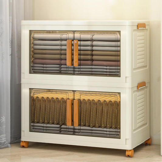 2 Tier Extra Large Stackable Storage Bins with 1 Lid 205 QT/Tier, Collapsible Plastic Box Storage with Wheels, Home Containers Boxes Closet Organizers for Living Room, Office, Dorm