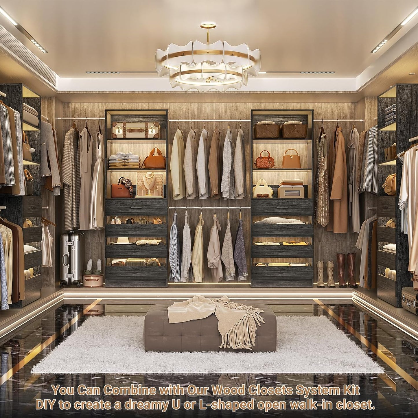 Aheaplus Closet System, 6-15Ft Closet Organizer with 8 Wooden Drawers, Wood Closet Organizer System with Tower, Walk-in Closet Organizer Wardrobe Garment Clothes Rack with 4 Hanging Rods, Black Oak