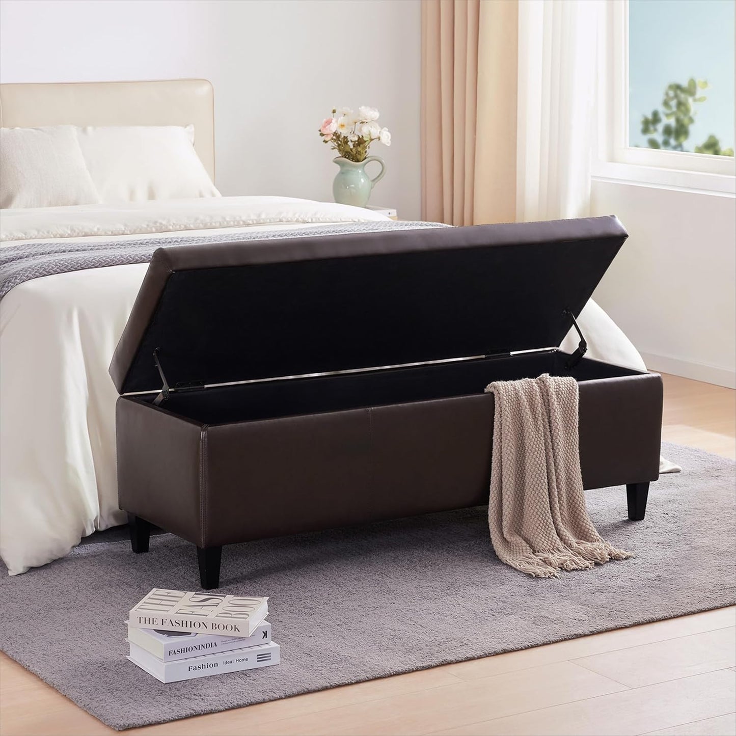 HUIMO Faux Leather Storage Ottoman Bench 50.3 Inch Extra Long PU Upholstered Bedroom Bench with Large Storage Space for The Living Room, Entryway, Bedroom Hold Up to 300lbs (Brown)