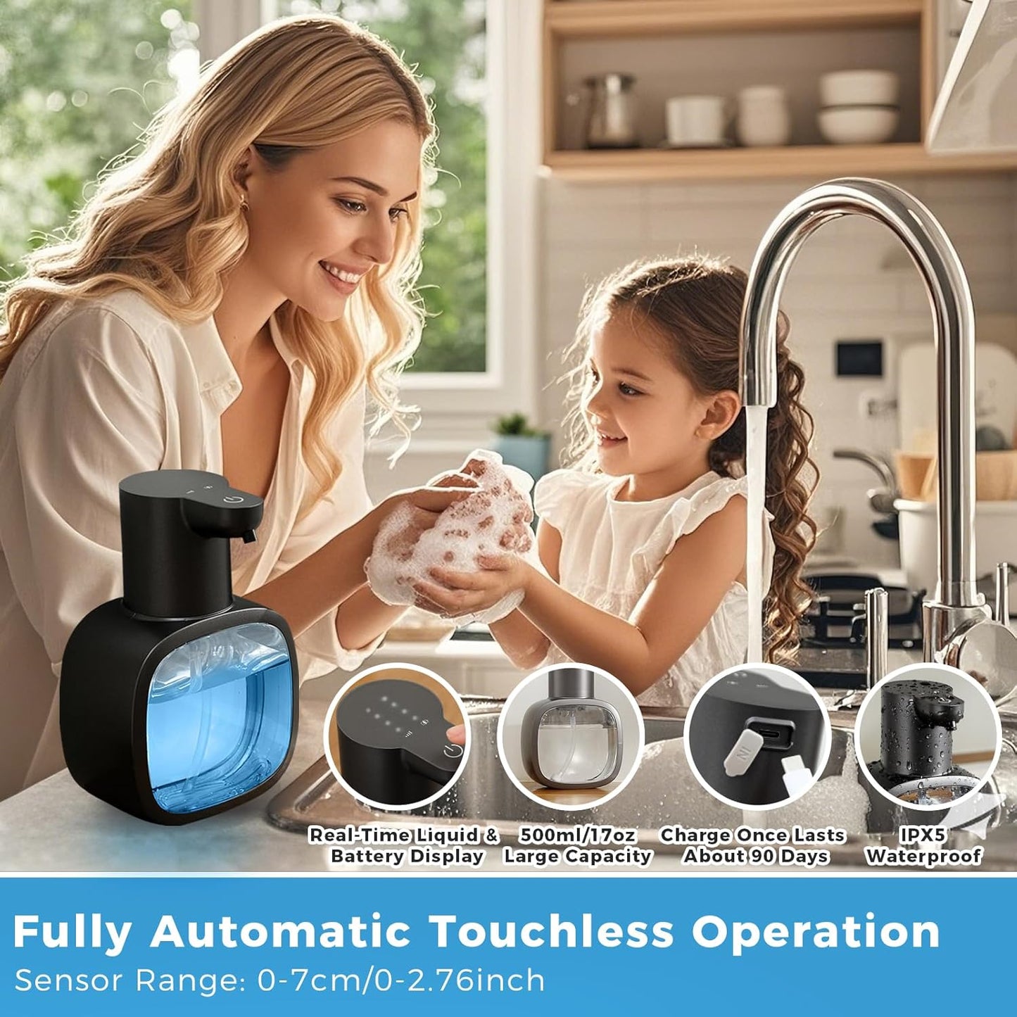Automatic Liquid Soap Dispenser, 17oz/500ml Touchless Rechargeable with 4-Level Adjustable & IPX5 Waterproof - Level Display for Wall/Tabletop Use in Bathroom, Kitchen, Black