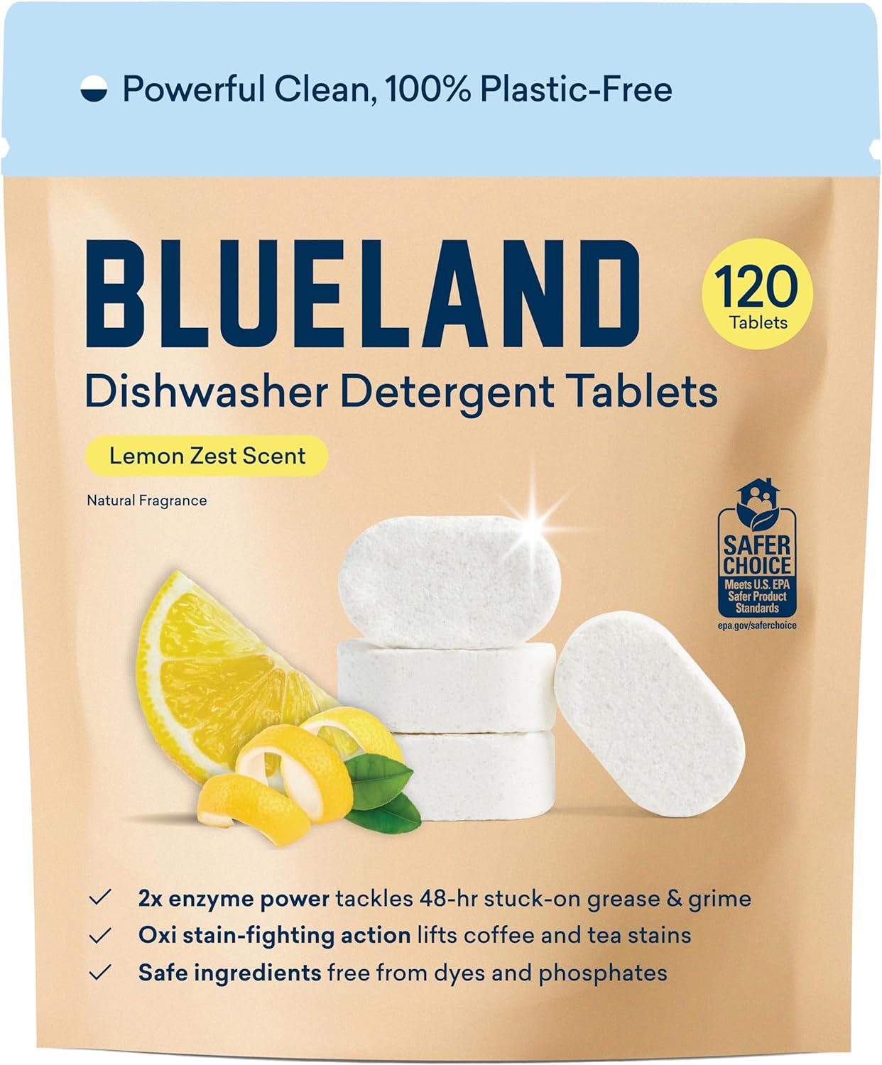 BLUELAND 100% Plastic-Free Dishwasher Detergent Tablets, 120 Count, Lemon Zest Scent, Eco Friendly Dishwashing Pods, Natural, USDA Certified biobased