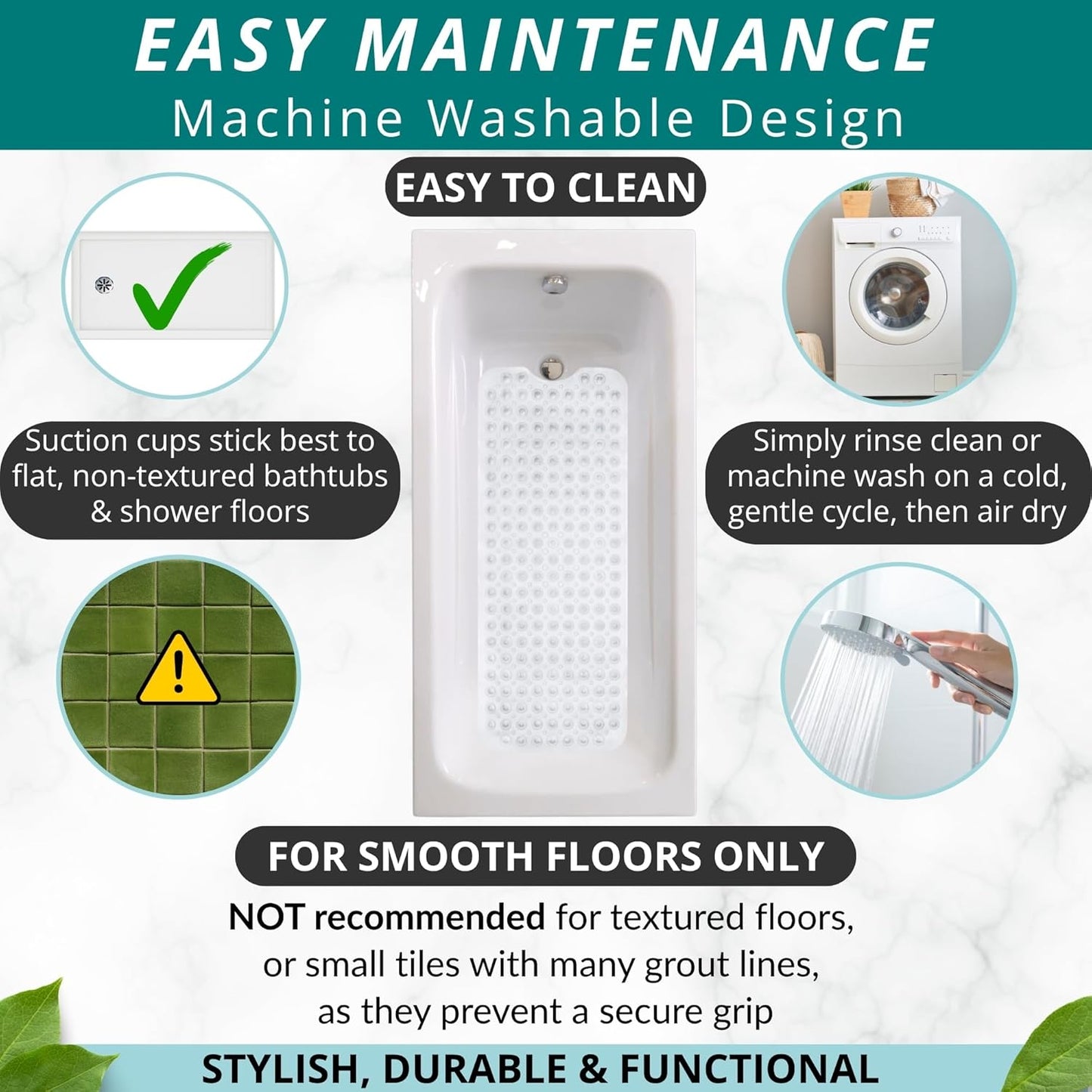 ENKOSI Bath Mat – 40 x 16 Inch Extra Long Non Slip Bathtub Mat – Anti Slip Clear Shower Mat with Suction Cups and Drain Holes – Bathroom Mat for Bath Tub and Smooth Shower Floors (40x16 Clear)