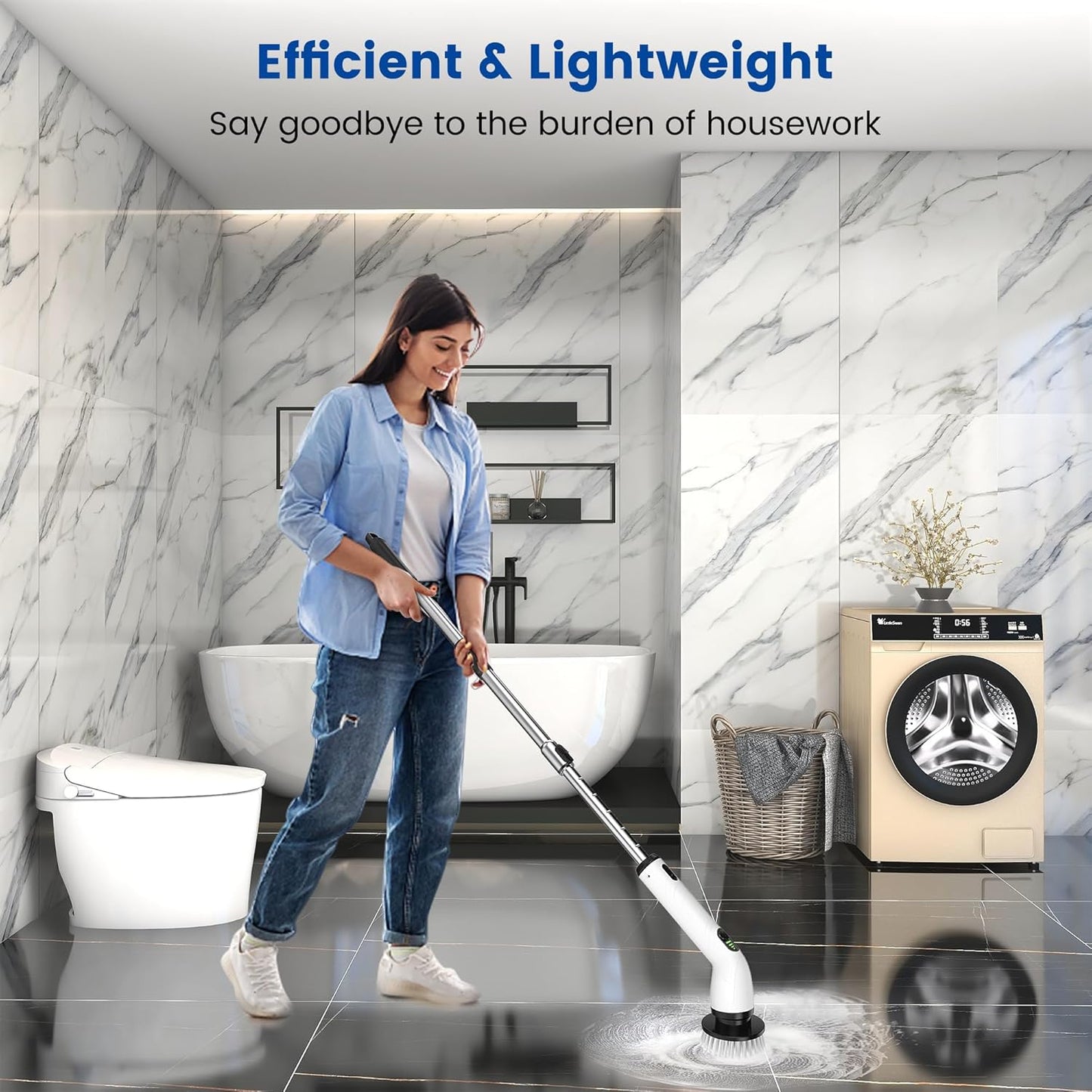 Electric Spin Scrubber, Full-Body IPX7 Waterproof Cordless Shower Scrubber with 8 Replaceable Heads, Upgraded Extension Handle, 2H Work Time, 2 Speeds for Bathroom Shower Tile Glass