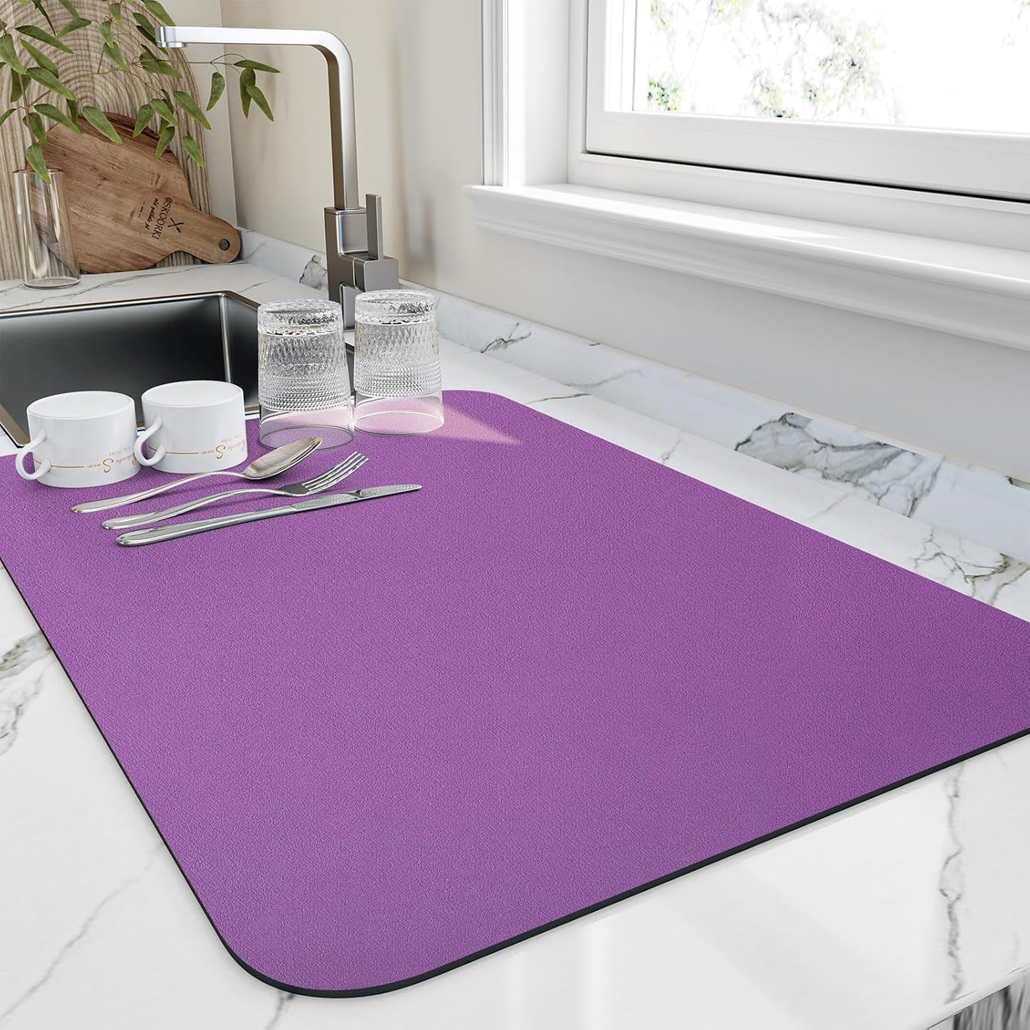 Dish Drying Mat for Kitchen Counter, Heat Resistant Drainer Mats with Non-slip Rubber Backed, Hide Stain Kitchen Super Absorbent Draining Mat, Easy to Clean Dish Rack Pad, Purple 16"x20"