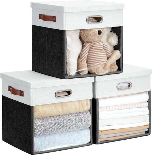 Fabric Storage Cubes with Clear Windows and Lids, 13'' Foldable Storage Bins with 3 Handles, Decorative Storage Boxes for Home, Bedroom, Closet, Office (Balck & White)