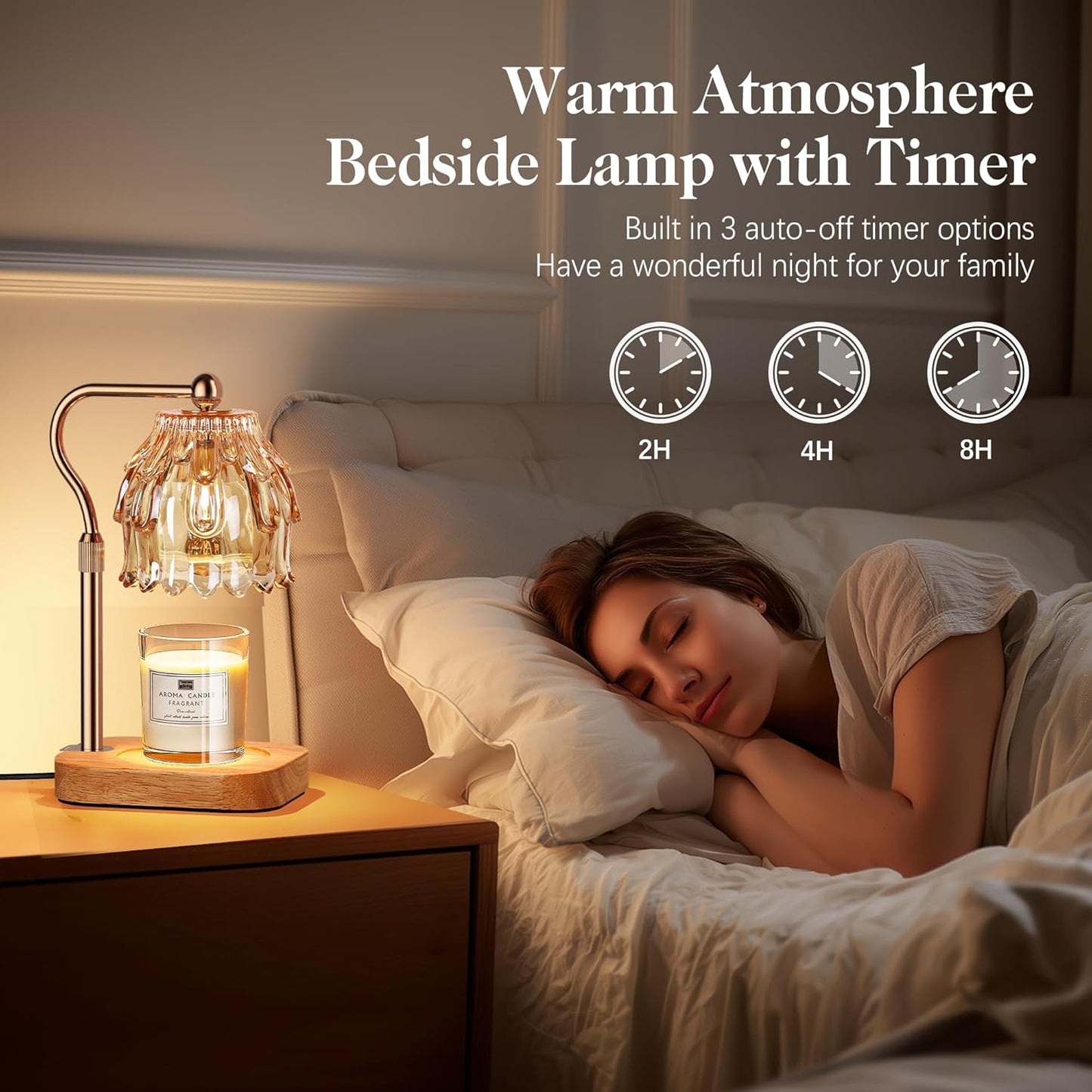 Candle Warmer Lamp with Timer Dimmer, Modern Wax Warmer for Scented Wax Jar Candle Warmer with 2 Bulbs, Adjustable Height Glass Lamp for Gifts for Women, House Warming Gifts, Home Decor, Gold Amber