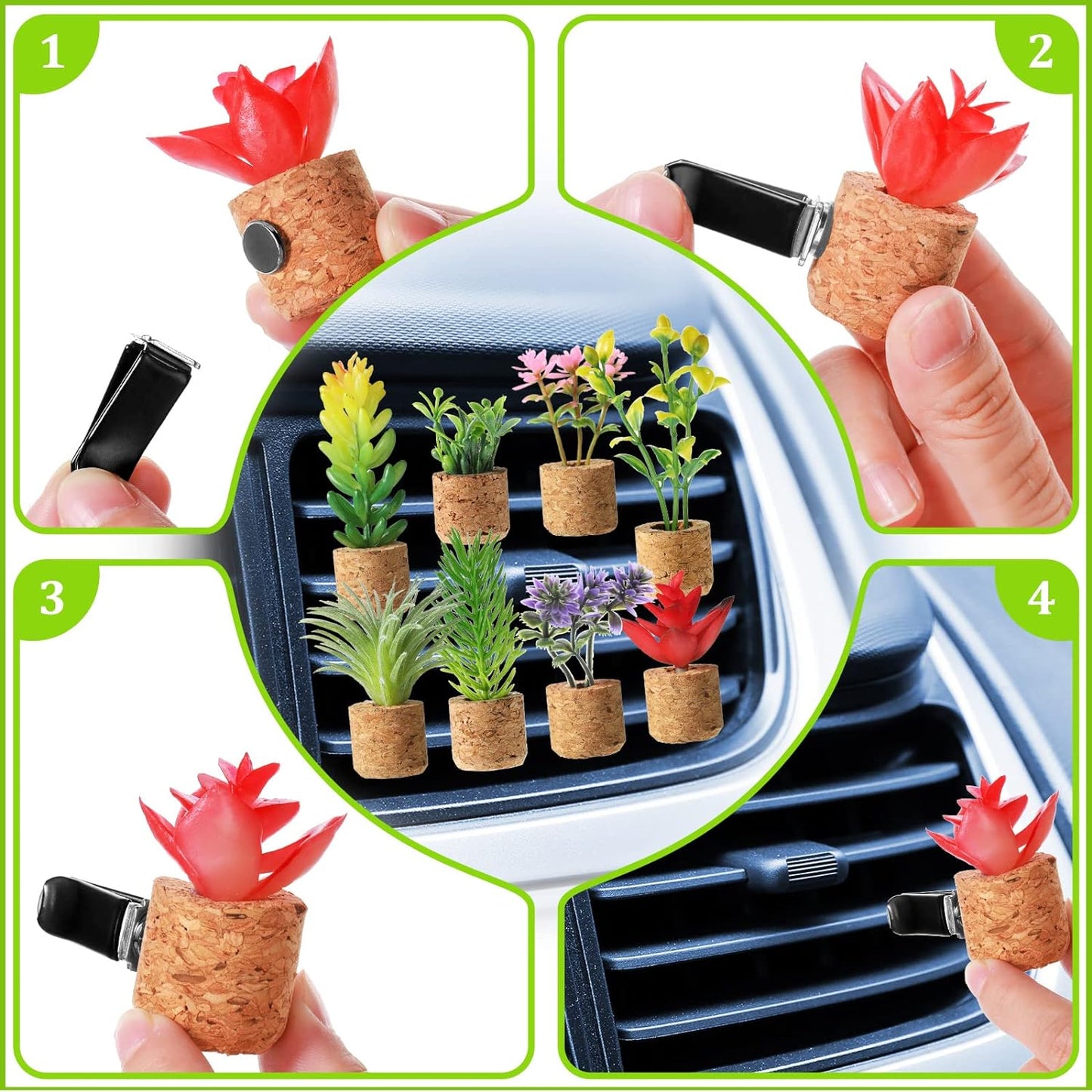 8 Pieces Artificial Plant Air Vent Clips Succulents with Essential Oil Mini Cute Sprayer Car Plant Vent Clip Air Freshener for Car Decorations Accessories(Classic Style)