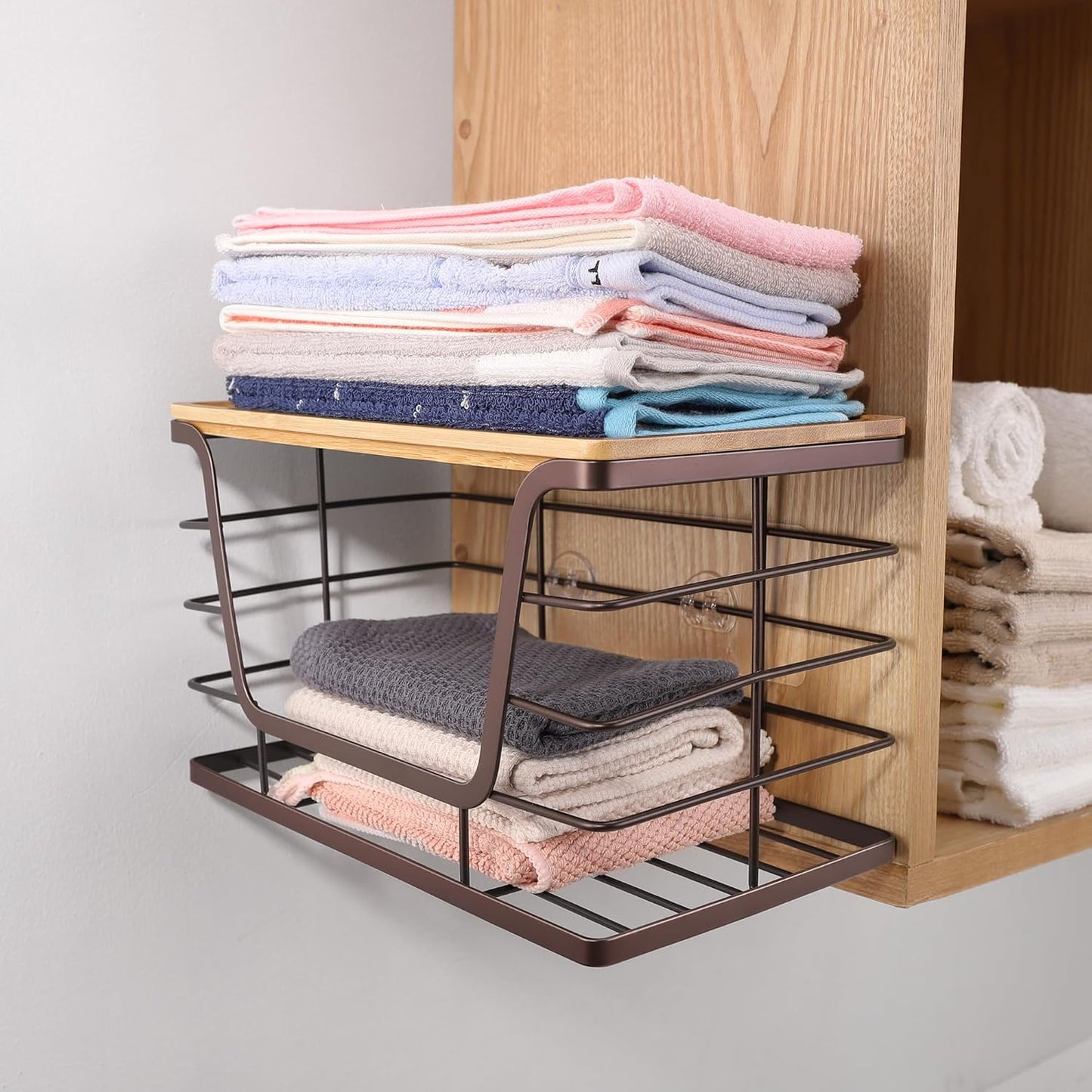 ALOCEO 2 Pack Large Pantry Baskets with Bamboo Lip, Stainless Steel Garbage Bag Holder Dispenser Countertop Storage, Stackable Kitchen Storage Bins for Fruit Onion Potato Vegetable, Brown