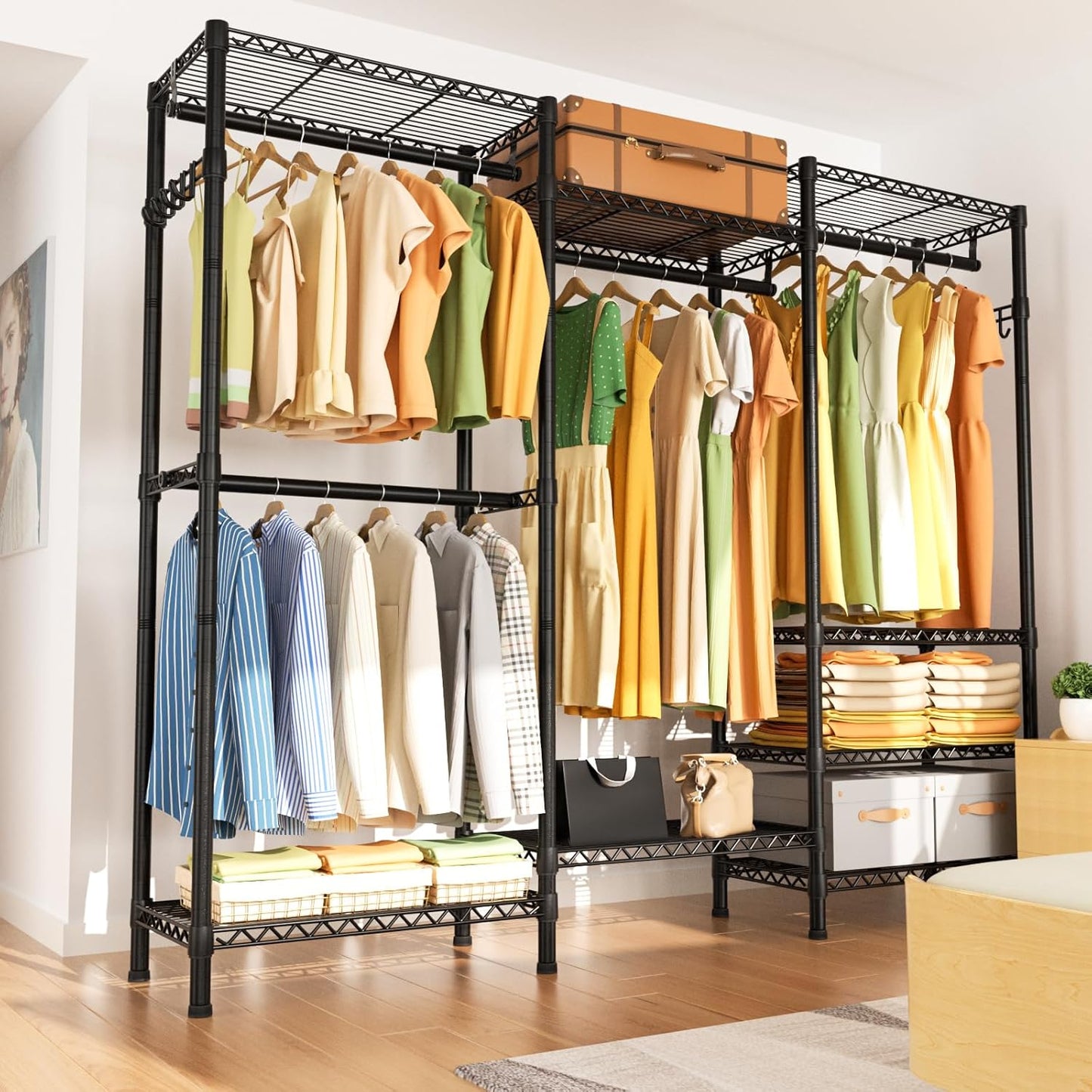 Heavy Duty Garment Rack Large Clothes Rack,Freestanding Closet Portable Clothing Rack with 8 Adjustable Wire Shelves and 4 Hang Rods,Metal Closet Storage Wardrobe Organizer System,Max Load 800lbs