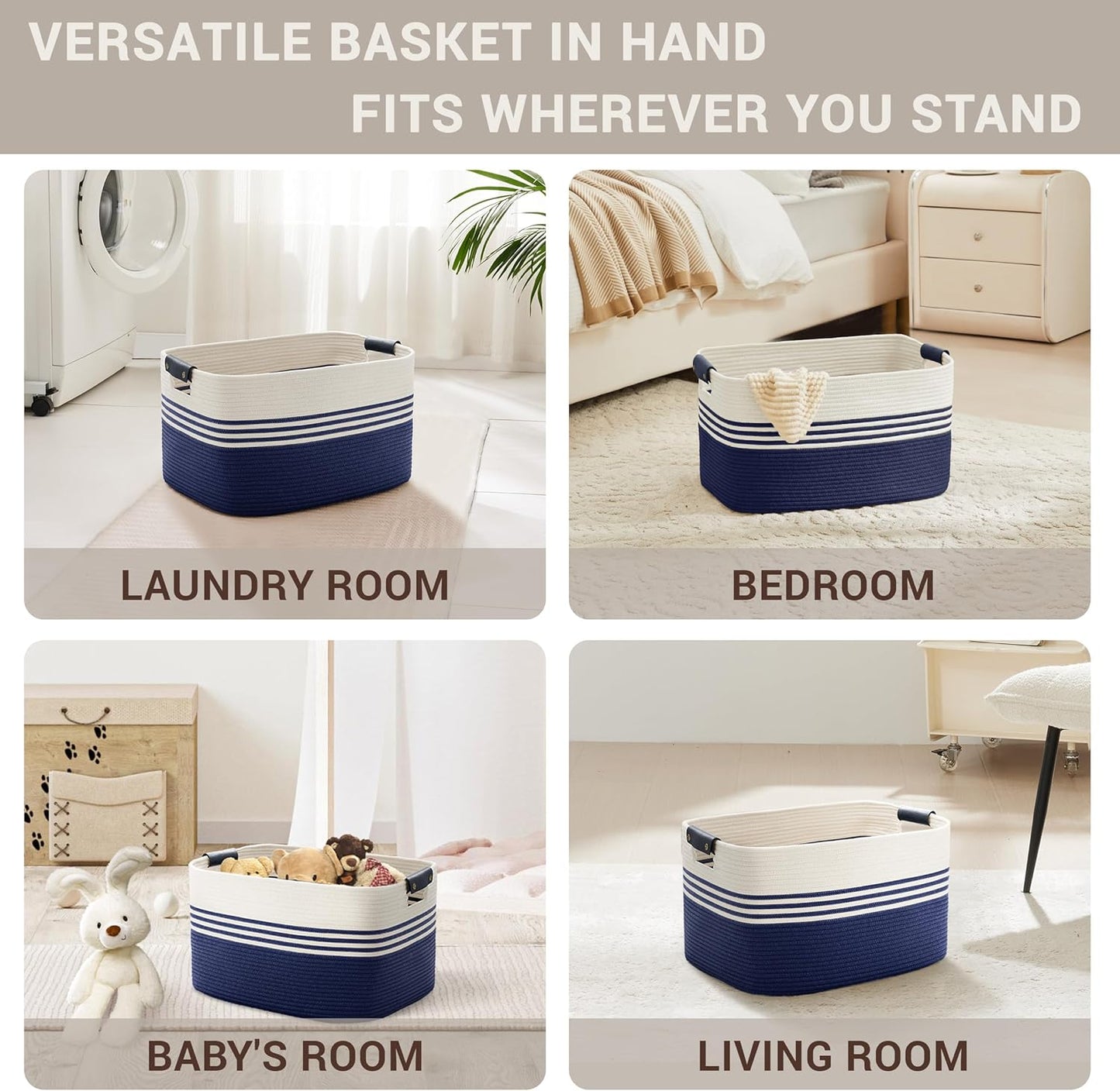 45L Small Laundry Basket with Leather Handles for Living Room Storage, Woven Rope Baskets Bin for Blanket, Kids Toy, Gifts, Wicker Hamper for Bedroom Dirty Clothes, 18"x14"x11" White Navy