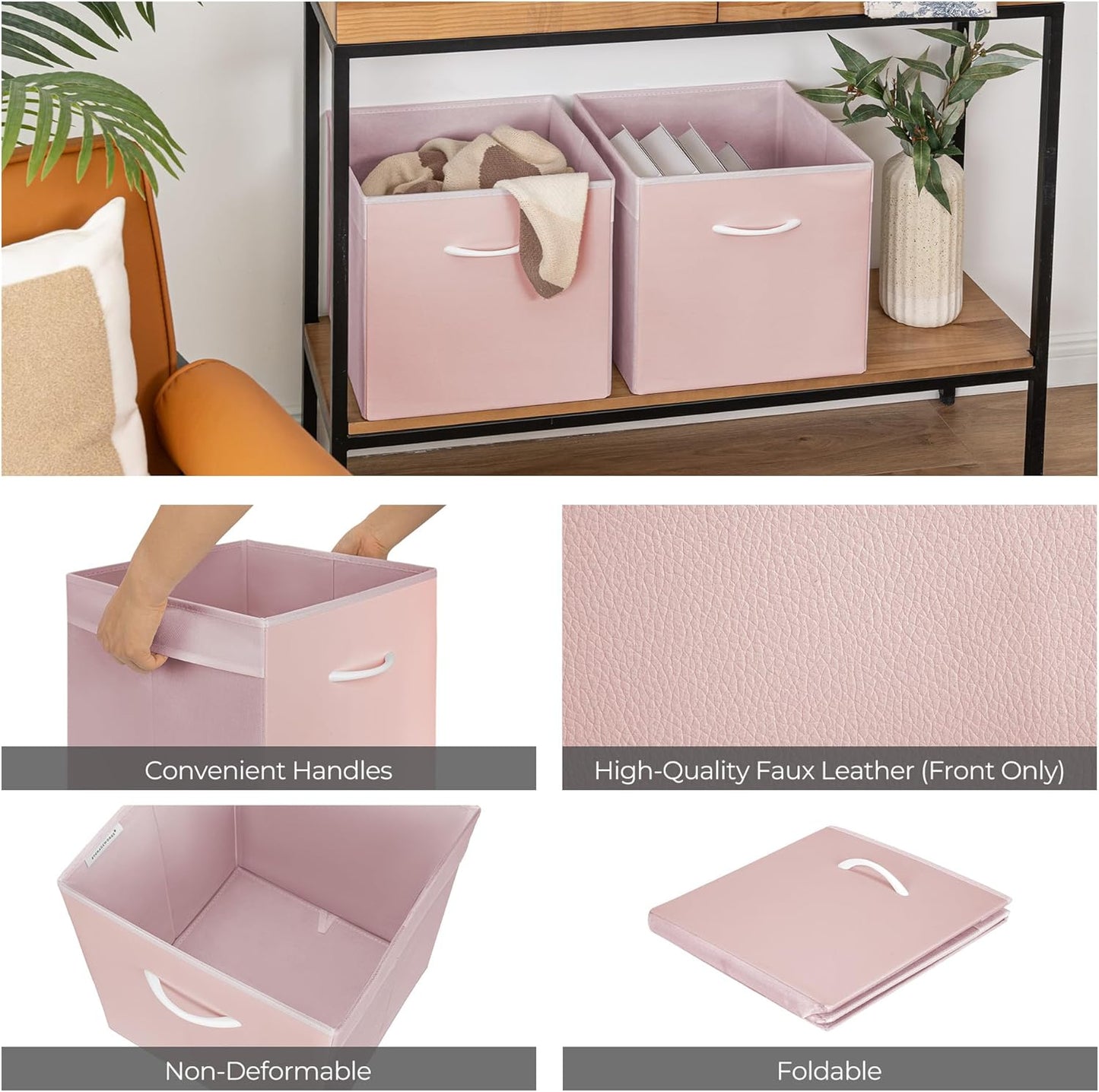 StorageWorks Pink Storage Cubes, 13x13 Storage Cube Bins with Handle, Cube Storage Organizer Bins for Shelves and Closet, Collapsible Storage Bins, 4-Pack