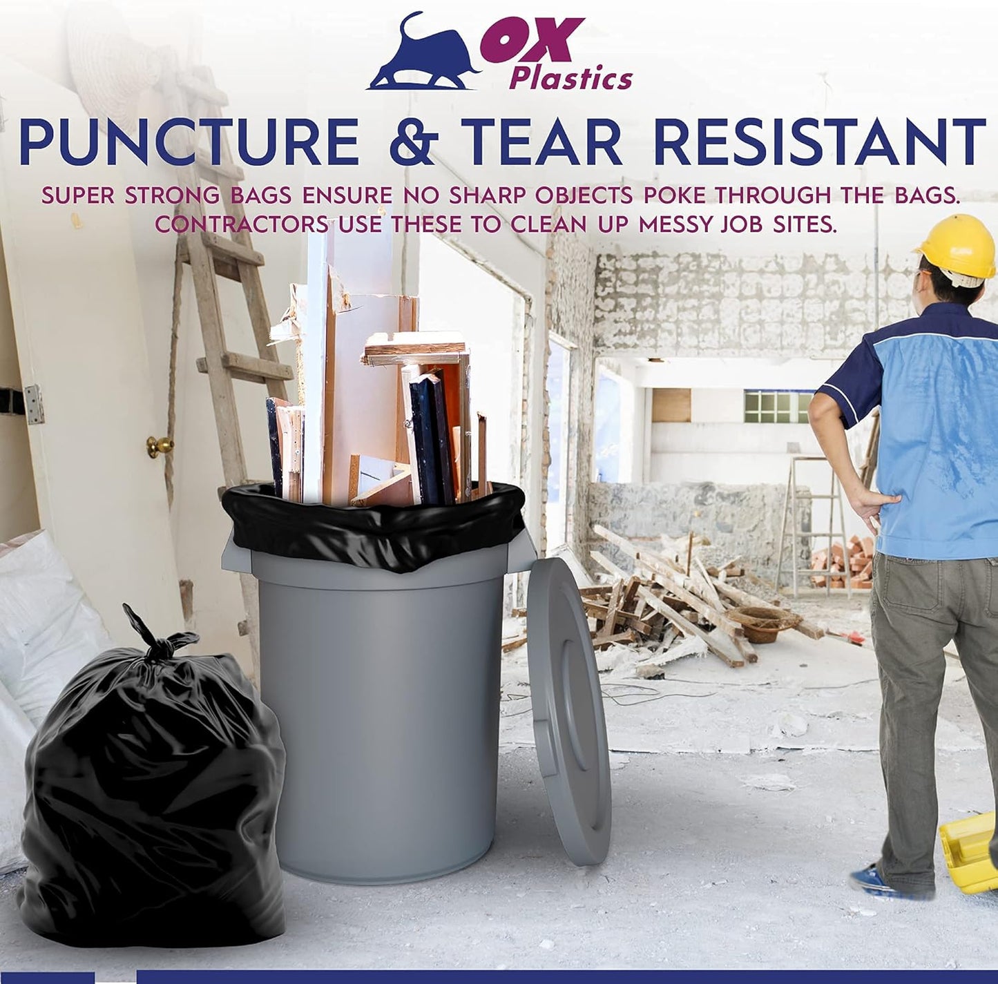 Ox Plastics Trash Can Liners Bags - 60 Gallon Capacity & 3mil Thick Extra Heavy Duty Strength - 50 Large Garbage, Leak-Proof & Durable, House & Commercial Use Bags Black