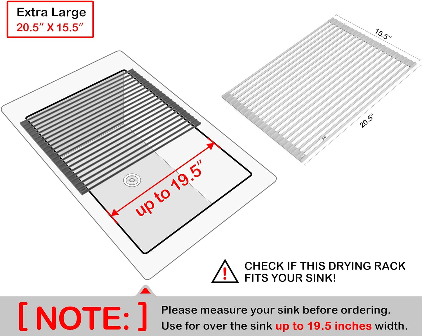Surpahs Over Sink Foldable Multipurpose Roll-Up Dish Drying Rack, Silicone Wrapped Stainless Steel, Warm Gray, 20.5" x 15.5"