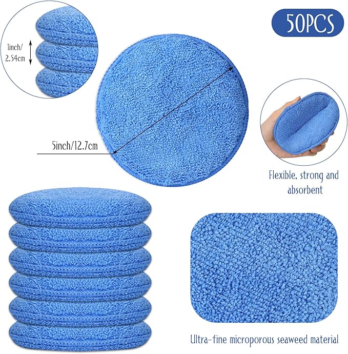 Tanlade 50 Pcs Car Detailing Microfiber Applicator Pad Wax Applicator Wash Microfiber Pads, 5 Inch Diameter (Blue)