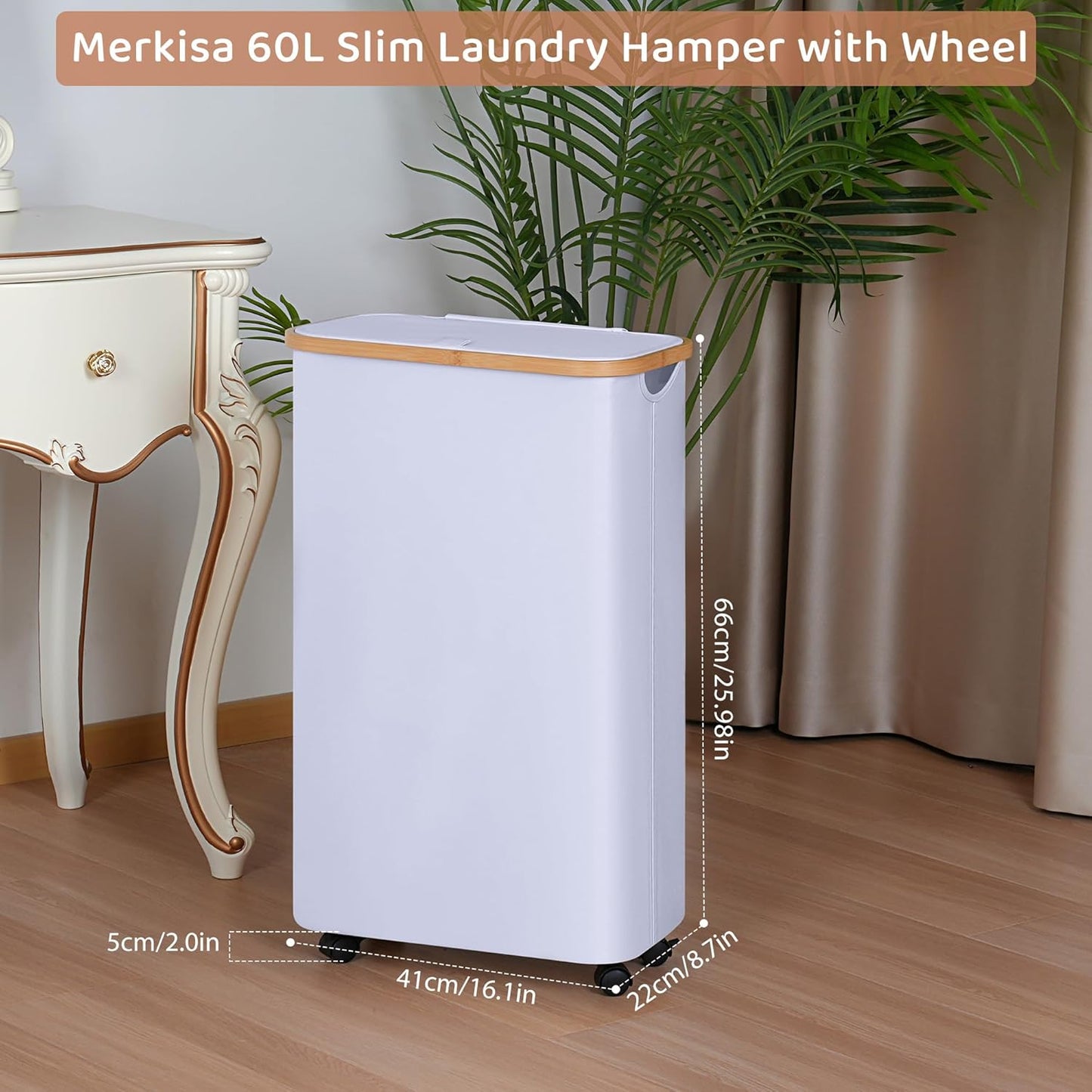 Slim Laundry Basket with Wheels,Narrow Hampers for Laundry,Freestanding Laundry Hamper with Lid&Bamboo Handles,Collapsible & Waterproof Tall Cloth Hamper for Dorm Family(60L White)