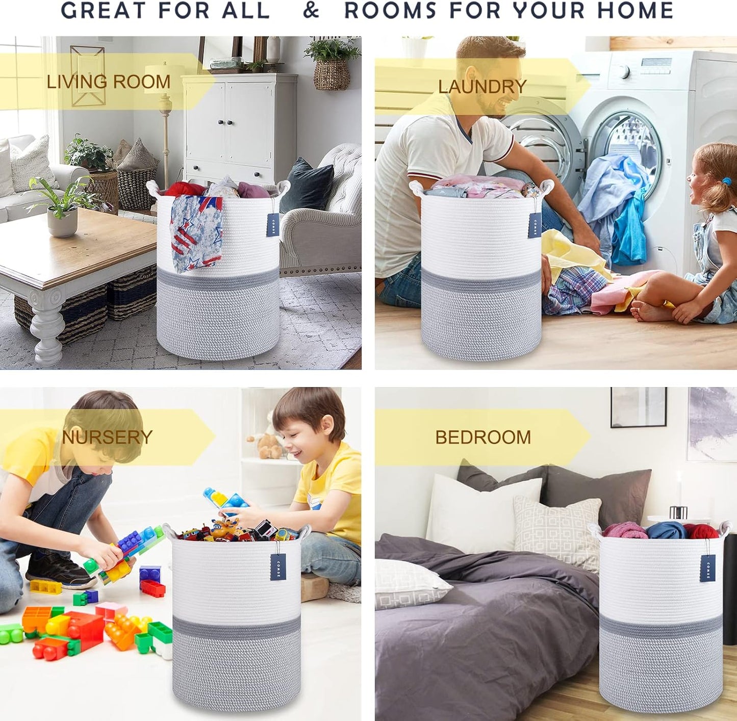 COMSE Extra Large Blanket Basket, Tall Woven Storage Basket, Nursery Hamper, 15.7”x 21.7”, Cotton Rope Laundry Hamper for Toys Clothes Towels, Blend White/Gray