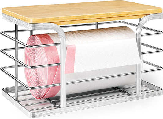 Trash Bag Holder with Bamboo Top, Wall Mount 304 Stainless Steel Garbage Bag Dispenser,Stackable Storage for Kitchen Laundry Organization,Silver Small