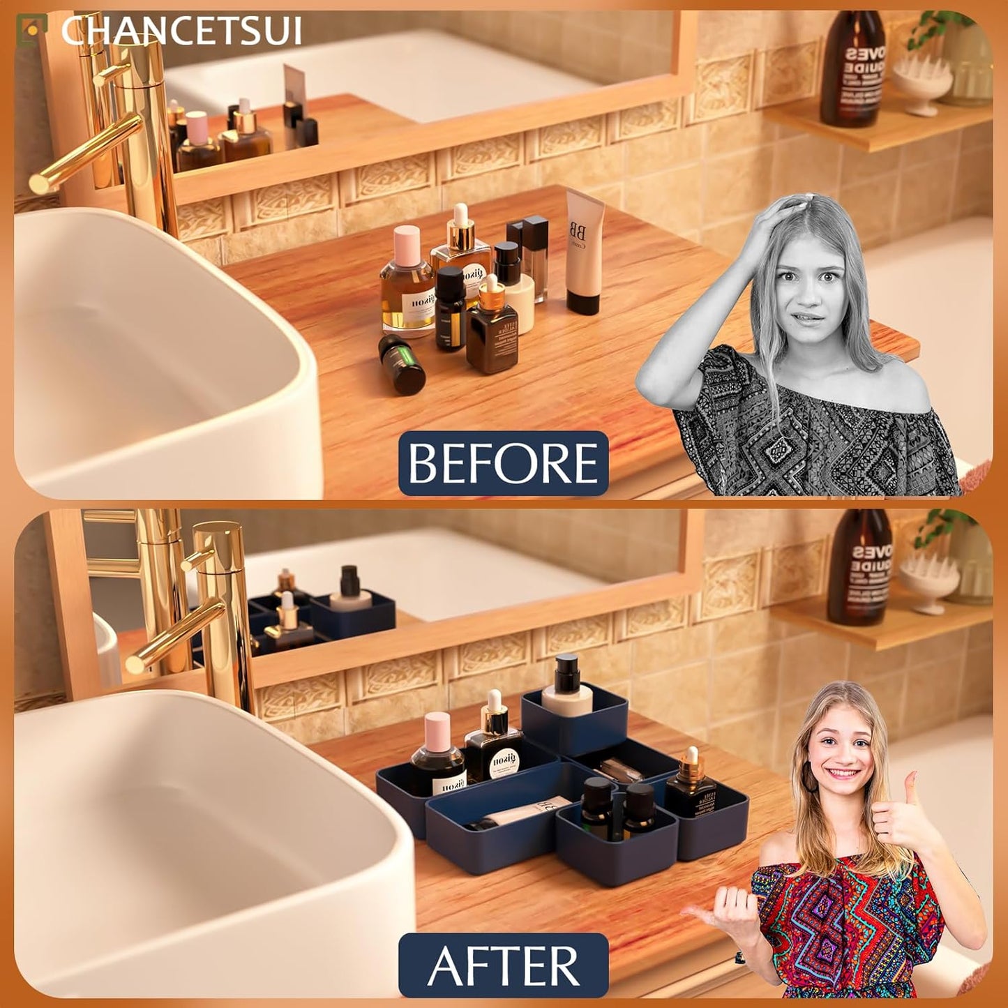 6 Pcs Stackable Drawer Organizer Set Desk Drawer Dividers, Bathroom Vanity Cosmetic Makeup Trays , Multipurpose Plastic Storage Bins for Jewelries, Kitchen Gadgets and Office Accessories, Blue