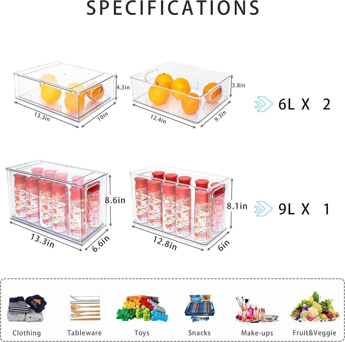 MineSign Stackable Fridge Drawer Pull-Out Bins with Handles 3 Pack Large Clear Food Container with Removable Dividers Refrigerator Storage box Divided Produce Saver for Pantry Kitchen