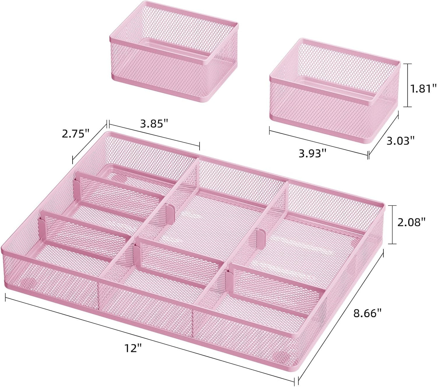 Marbrasse 3 Packs Desk Drawer Organizers, Metal Mesh Dividers with 9 Adjustable Compartments, Pen Organizer for Drawer Tray Box Accessories for Desktop,Kitchen, Makeup(Pink)