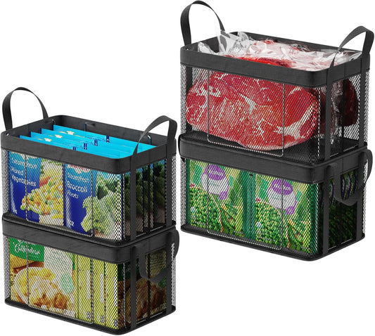 iSPECLE Deep Freezer Organizer Bins - 4 Pack Large Stackable Freezer Organizer Bins for 5 to 7 Cu.Ft Chest Freezers Easy Get Foods without Digging, Faster Freezing Better Freshness, Black