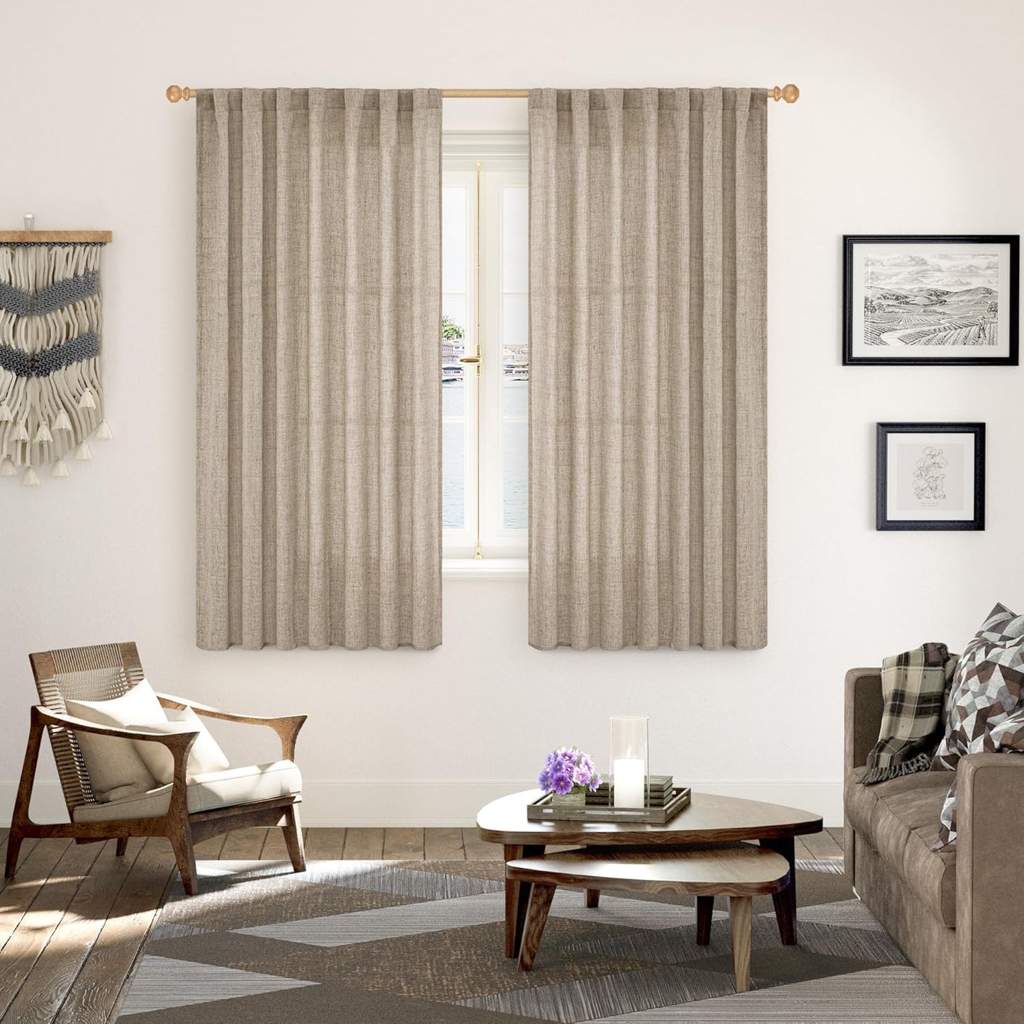 YoungsTex Dark Oatmeal Linen Curtains 63 Inch Length for Living Room, Semi Sheer Light Filtering Window Drapes Extra Wide Rod Pocket Back Tab Curtain for Bedroom, 2 Panels, 60 X 63 Inch