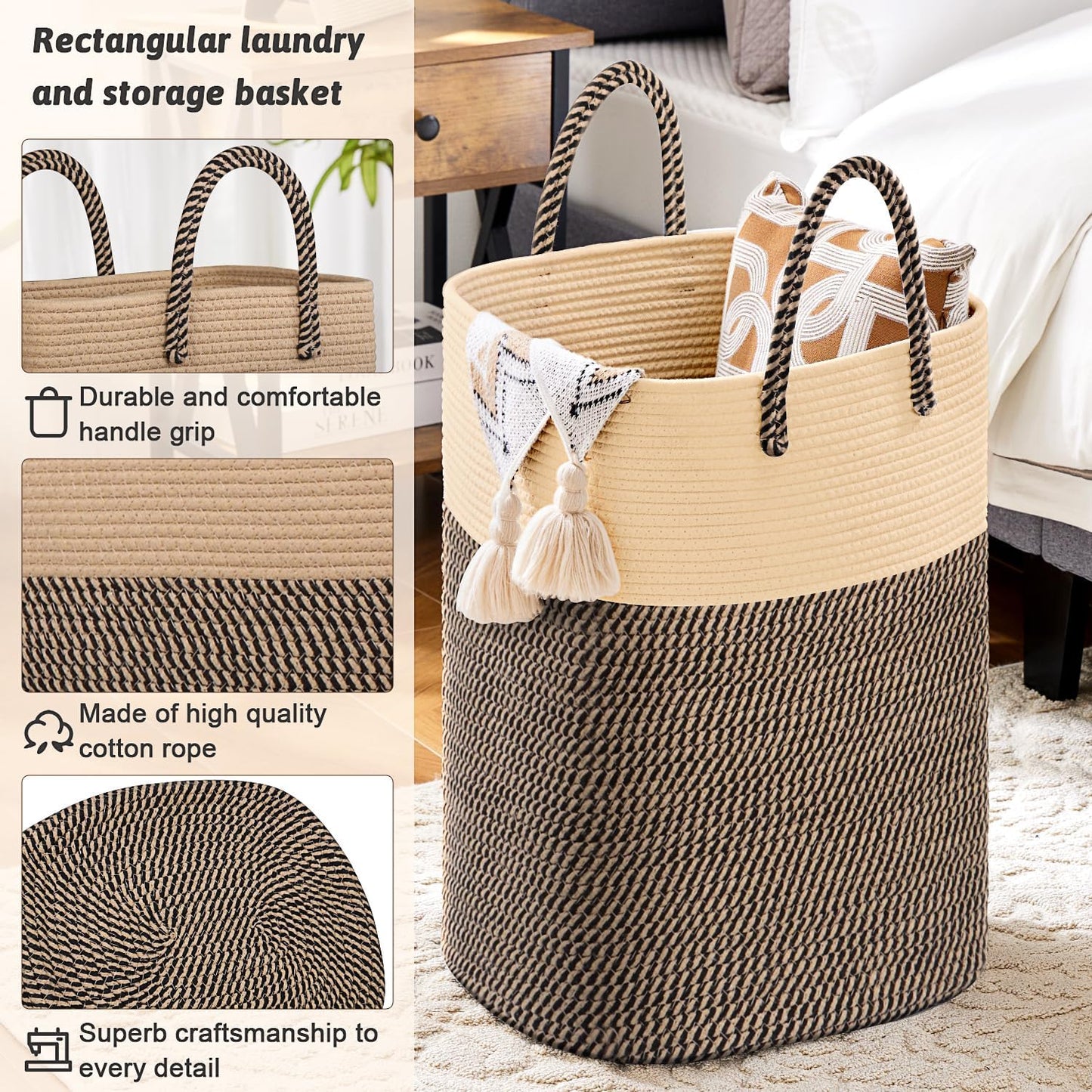 Laundry Basket,Woven Cotton Rope Laundry Hamper,Versatile Storage for Dirty Clothes,Baby Toys,and Blankets in Bathroom, Nursery,and Living Room (Jute, 80L)