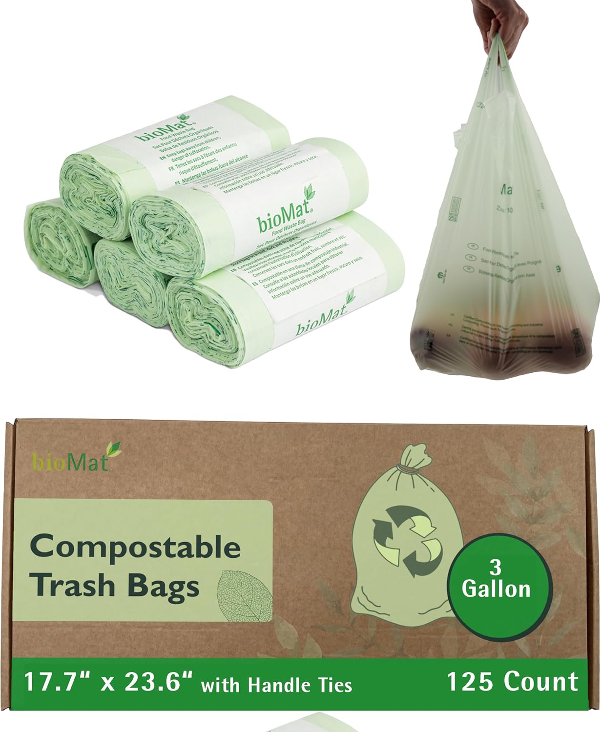 bioMat 3 Gallon Compost Bags with Handle Ties, 125 Count, Compostable Trash Bags BPI ASTM D6400 and CMA Certified