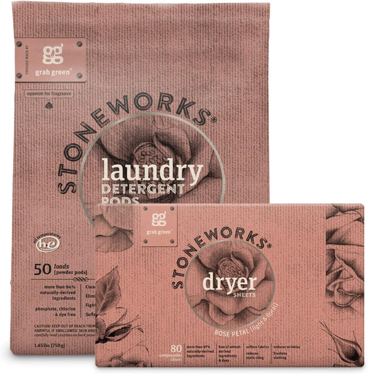 Grab Green Stoneworks Laundry Detergent Pods and Dryer Sheet Bundle (Rose Petal, 80 Count (Pack of 1)