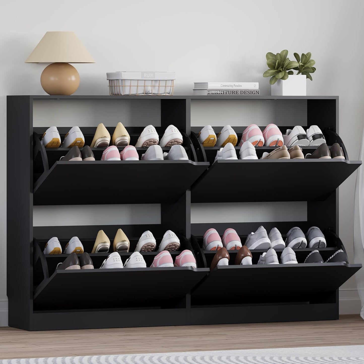 Shoe Cabinet with 4 Flip Drawers, Narrow Hidden Shoe Storage Cabinet, Slim Freestanding Shoe Rack Organizer for Entryway, Hallway, Bedroom, Living Room