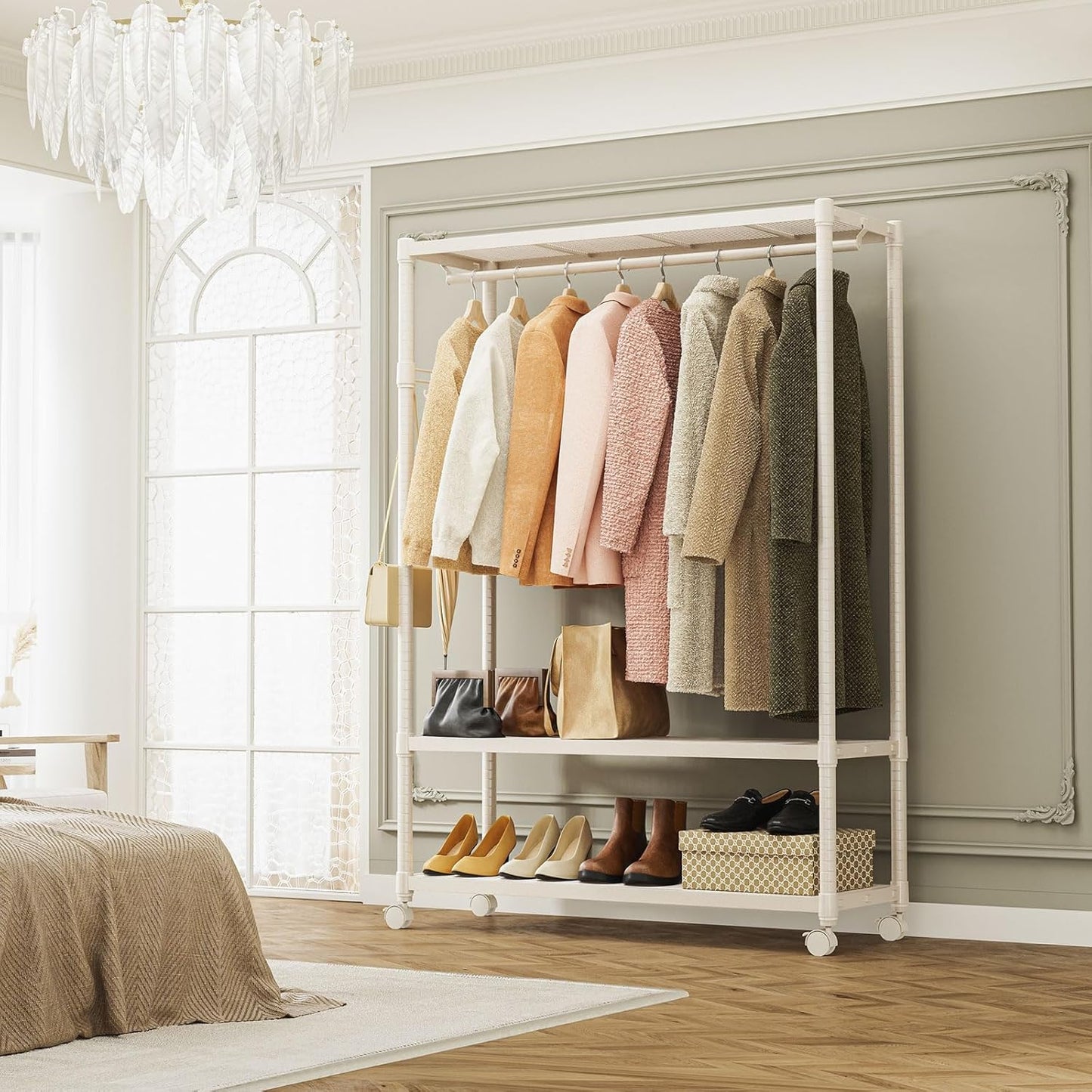 IZEUK Heavy Duty Rolling Garment Rack Wire Clothes Rack for Hanging Clothes, Metal Freestanding Closet Wardrobe Rack with Double Rods and Side Hooks Gold 17.7" D x 45.3" W x 70.3" H