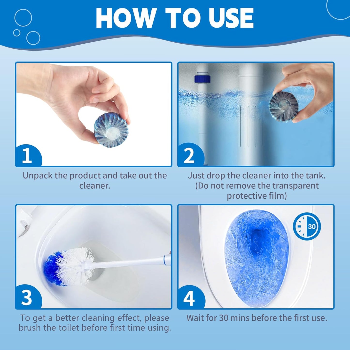 Toilet Bowl Cleaner Tablets, Automatic Toilet Tank Cleaner for Deodorizing & Descaling, Long-Lasting with Sustained Release Technology for Bathroom Cleaners, Blue, 6 Packs