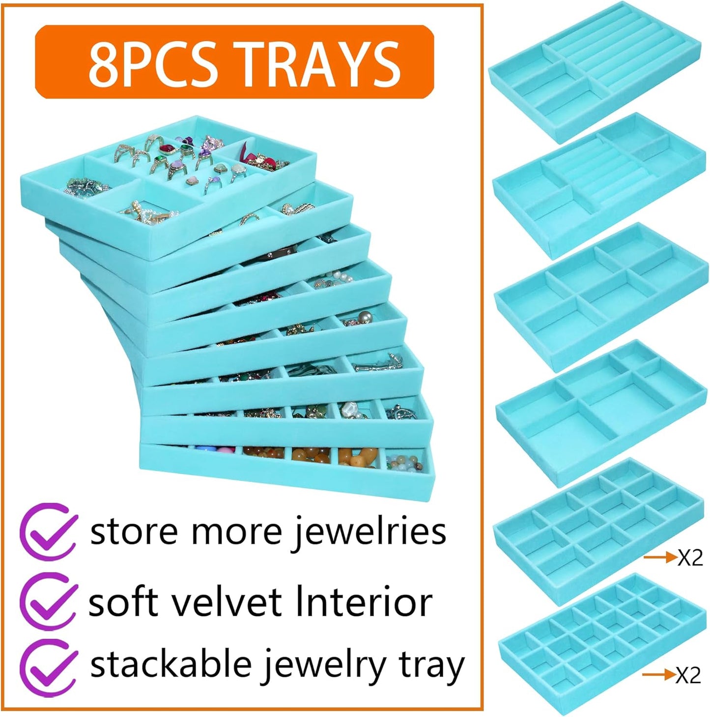8 Pcs Velvet Jewelry Tray Stackable Jewelry Drawers Organizer Trays Rings Earrings Bracelet Organizer (8.2" x 5" x 1")