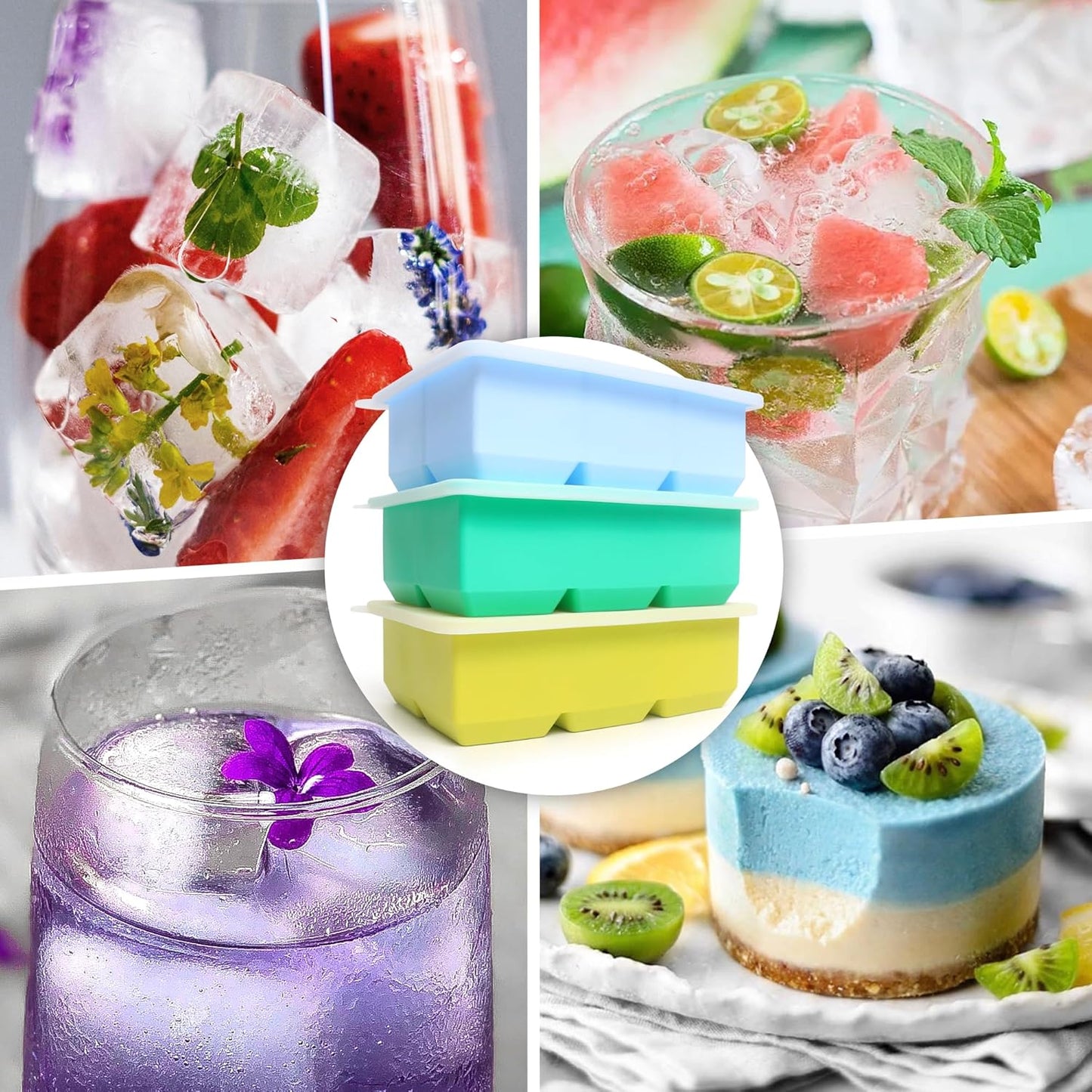 Silicone Ice Cube Trays 3 Pack - Large Size Silicone Ice Cube Molds with Leak Proof Removable Lid Square Ice Cube Tray And BPA Free for Cocktail,Whiskey, Stackable Flexible Ice