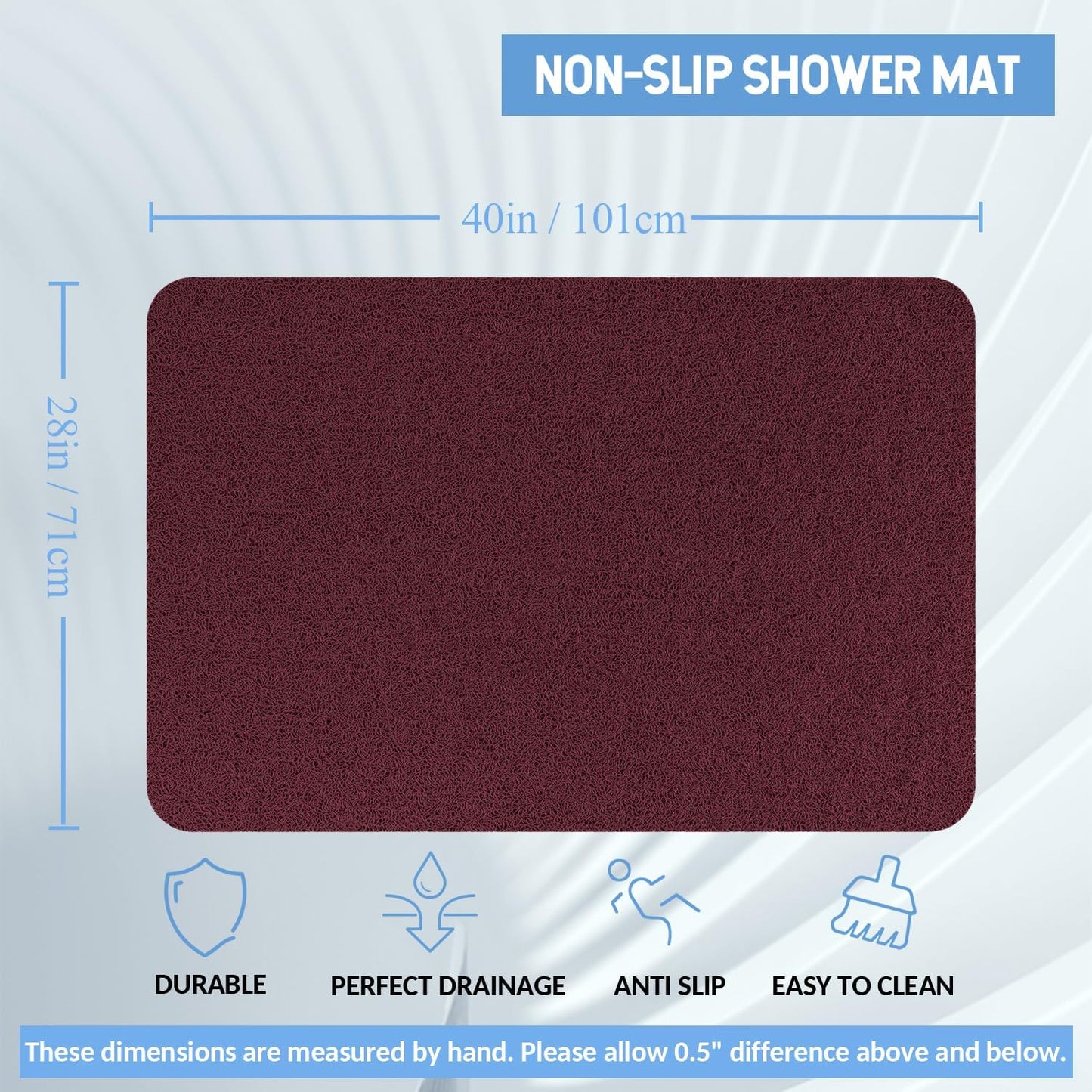 Non-Slip Bathtub Mat, Anti Slip Shower Mat, Fast Drying Bathtub Mats, Foot Scrubber Mat, Anti Slip Mat for Tub, Floor, Bathroom, Kitchen, Home, Hotel (Wine Red 40"×28")