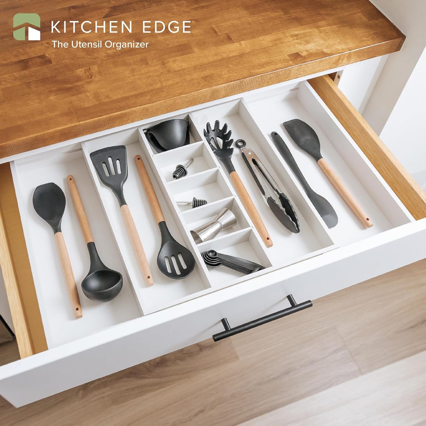 KitchenEdge Adjustable Kitchen Drawer Organizer for Utensils and Junk, Food-Safe Contract Grade with 100% Sustainable Wood, Expandable from 16 to 28 Inches Wide - White Bamboo