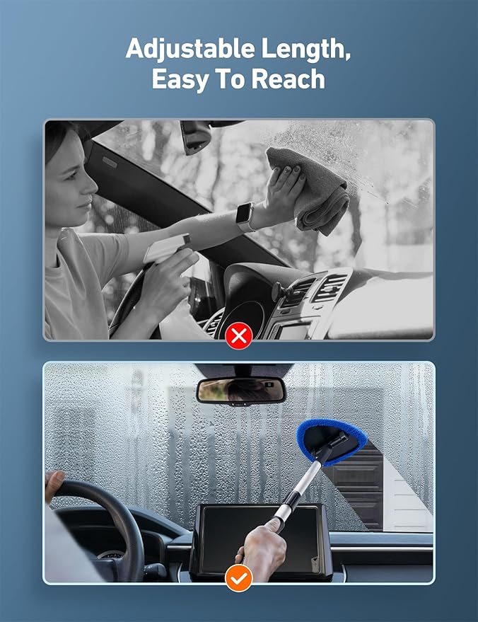 AstroAI Windshield Cleaner Tool, Car Interior Detailing Cleaning Kit with Extendable Handle and 4 Upgraded High-Density Reusable Microfiber Pads, Auto Glass Wiper Brush Kit for Cars, Blue, 15.9in-21in