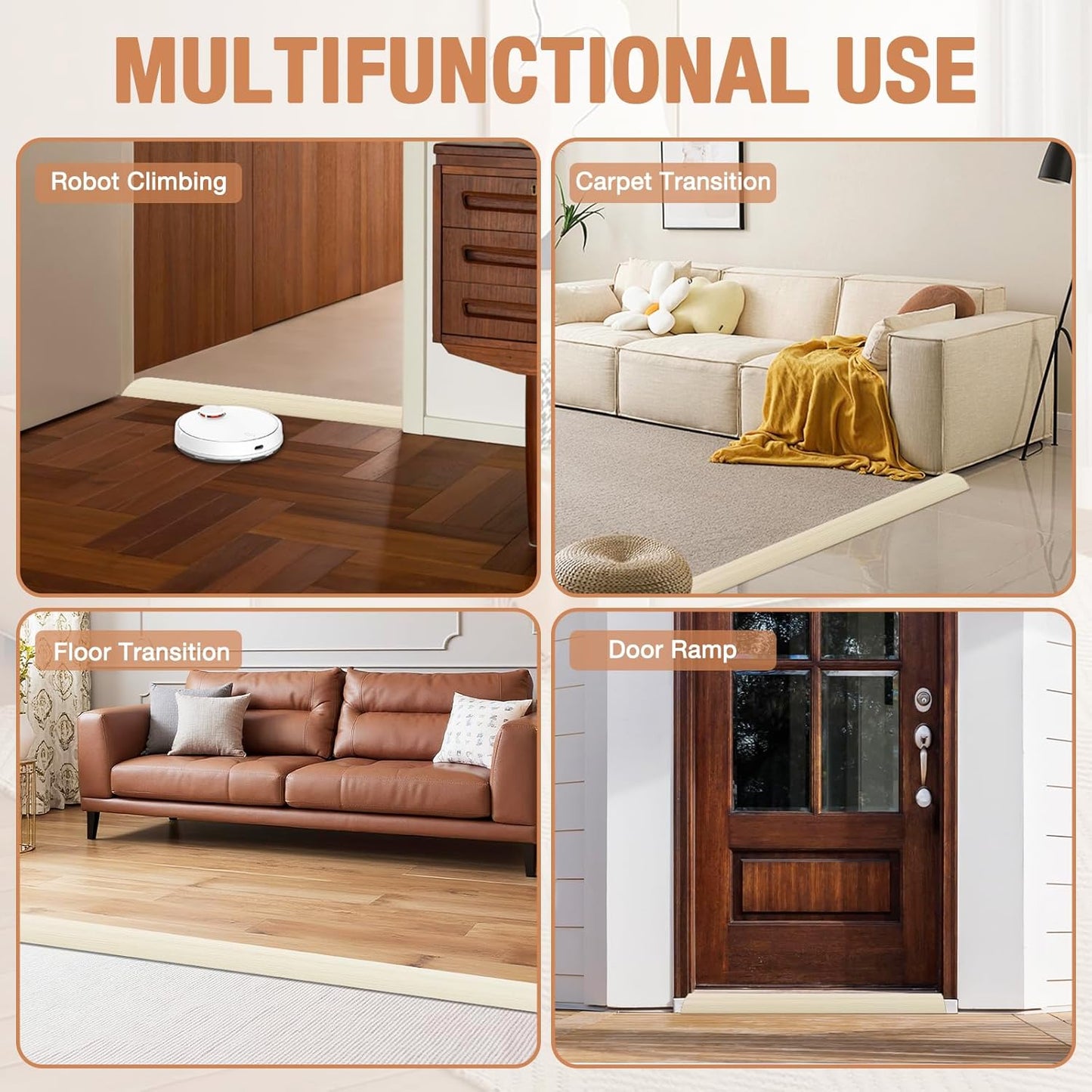 Floor Transition Strip Self Adhesive Vinyl Door Threshold for Doorways Carpet Edging Trim Overlap Edge Reducer for Laminate Floor, Carpet, Tile (Beige Wood Grain, 1/5" to 2/5", 10Ft)