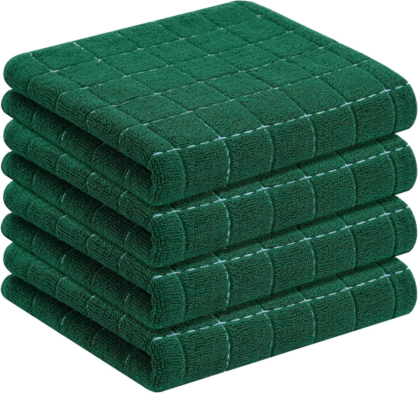 Homaxy 100% Cotton Terry Kitchen Towels(Dark Green, 13 x 28 inches), Checkered Designed, Soft and Super Absorbent Dish Towels, 4 Pack