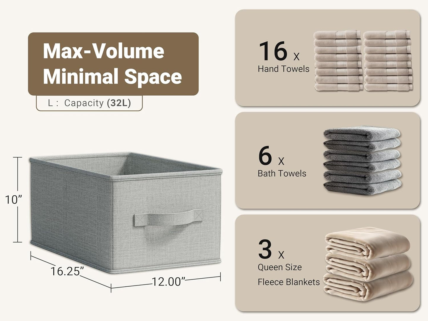 3 Pack Fabric Storage Bins for Shelves | 16.25x12x10in Closet Storage Baskets | Collapsible Storage Bins |Fabric Closet Organizers with Handles | Light Gray