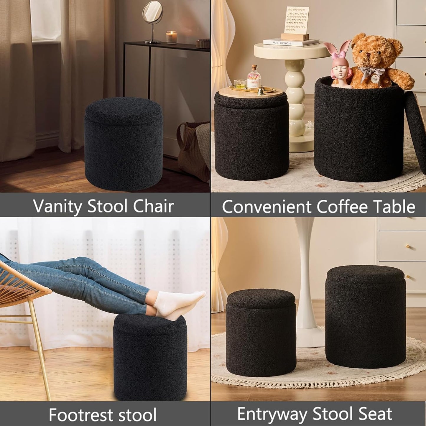 Round Ottoman with Storage Set of 2-Upholstered Sherpa Vanity Stool for Makeup Multifunctional Ottomans Coffee Table Padded Seat Foot Rest for Living Room&Bedroom(Sherpa, Black)