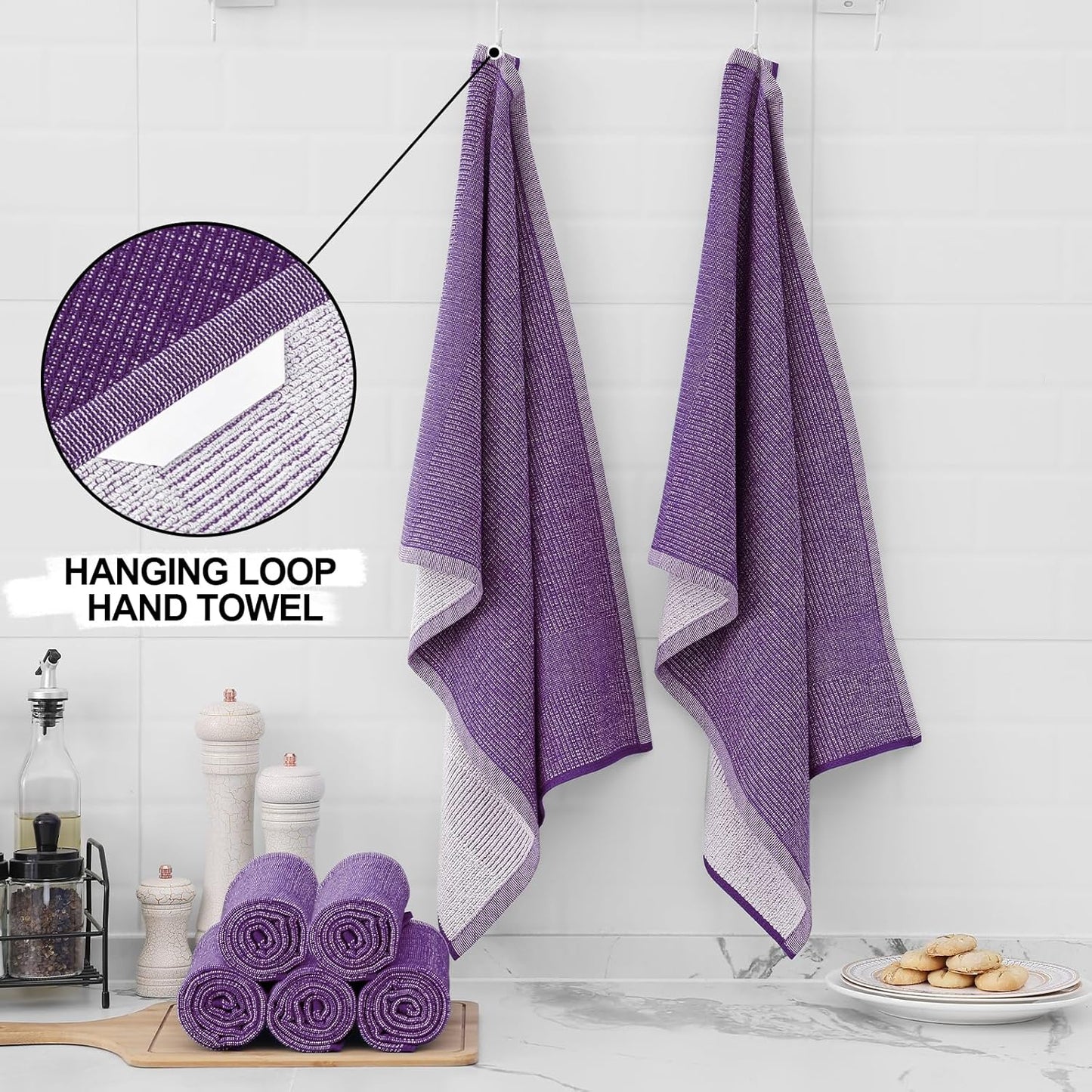 Homaxy Premium Kitchen Towels(18”x 28”, 12 Pack), Large Cotton Kitchen Hand Towels, Flat and Terry Dish Towels, 380 GSM Highly Absorbent Tea Towel Set with Hanging Loop, Purple