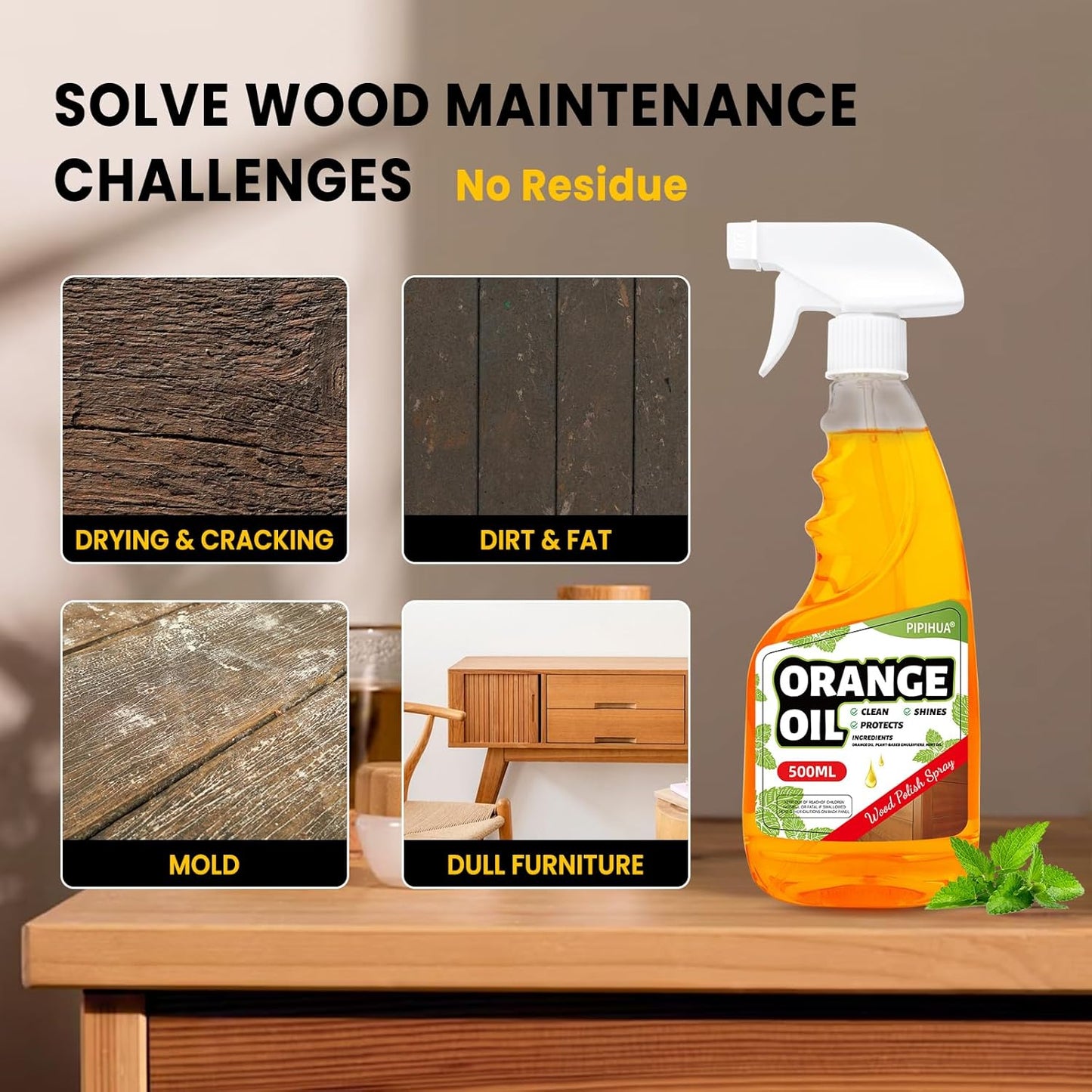 PIPIHUA Wood Oil Polish Spray, Shines & Protects, Wood Furniture Cleaner and Polish for Cabinets Tables Floors Mint Scent 16.9 oz