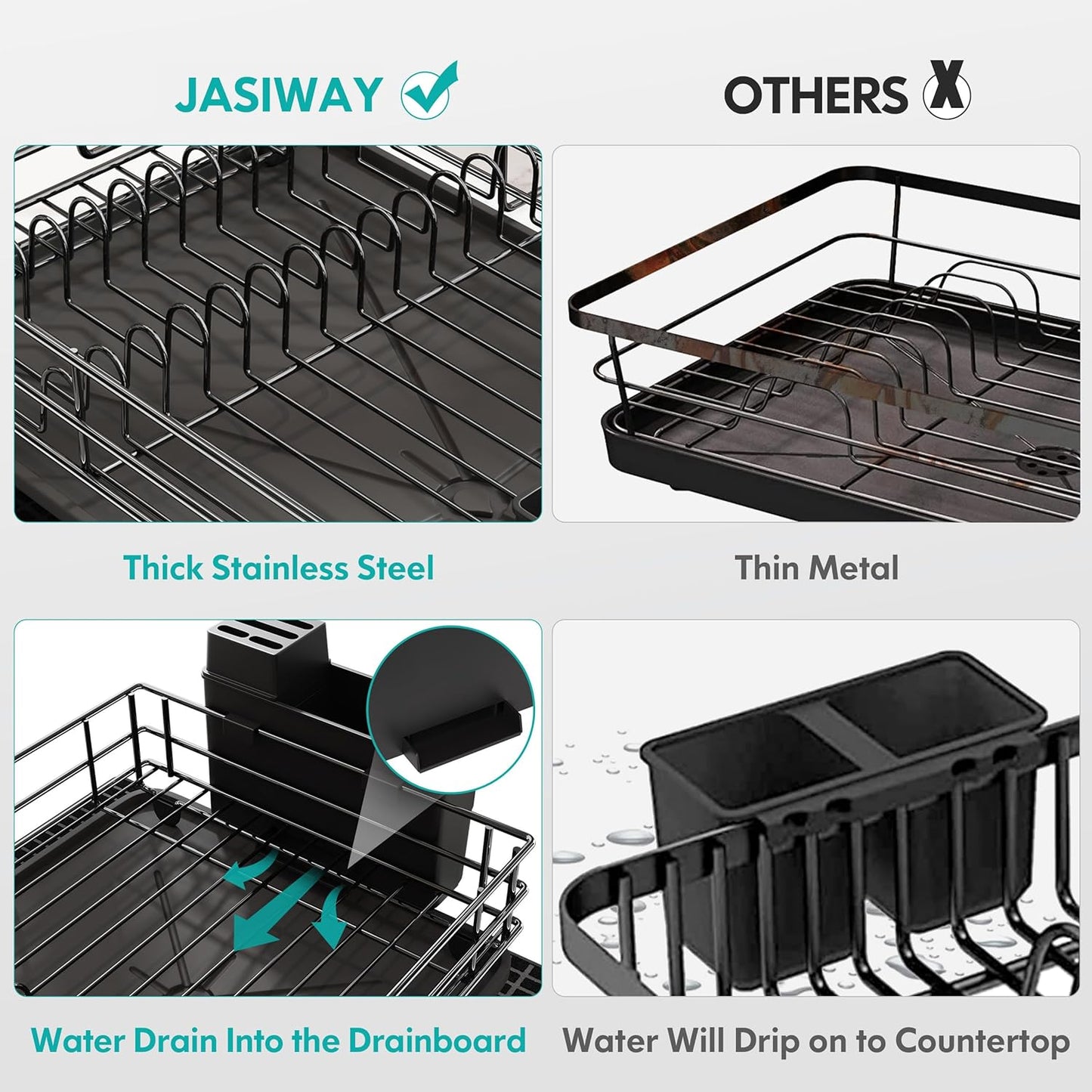 JASIWAY Black Stainless Steel Dish Drainers Drying Rack for Kitchen Counter with Drainboard Set, Rust Proof Metal, Space Saving, Modern Aesthetic, Compact Plates Strainers with Extra Mat