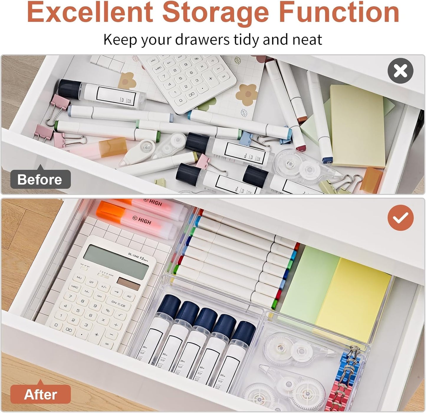 SMARTAKE 6 PCS Clear Plastic Drawer Organizers Set, Large Size Non-Slip Desk Drawer Organizer, 2-Size Versatile Bathroom and Vanity Drawer Organizer Trays for Makeup, Bedroom, Office, Kitchen Utensils