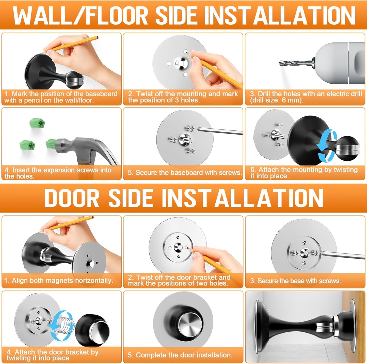 Crosize Magnetic Door Stoppers 4 Pack, Stainless Steel Door Catch for Wall and Floor Mounting, Door Holder Keep Door Open, No Drilling Door Stop with Adhesive Tapes, Black